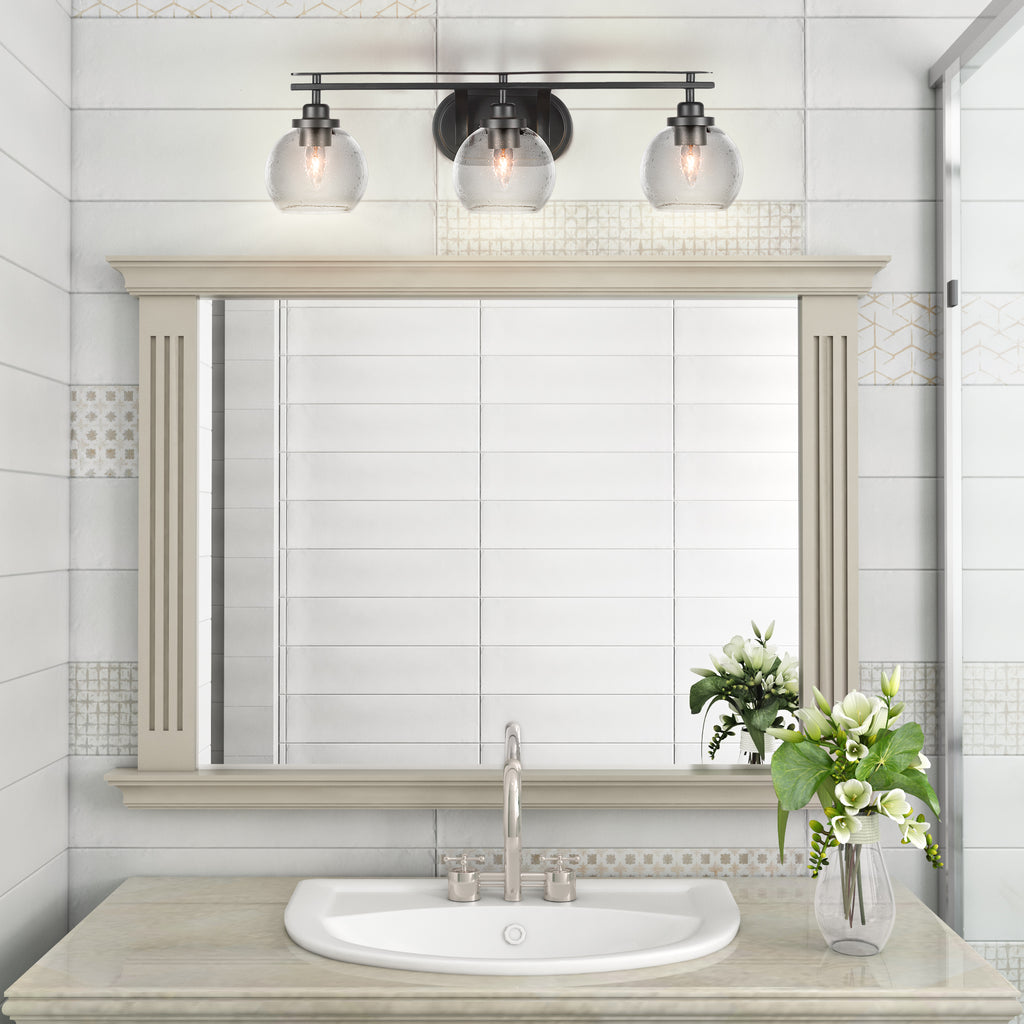 Odyssey Three Light Bath Bar in Matte Black with 5.75" Clear Bubble Shade