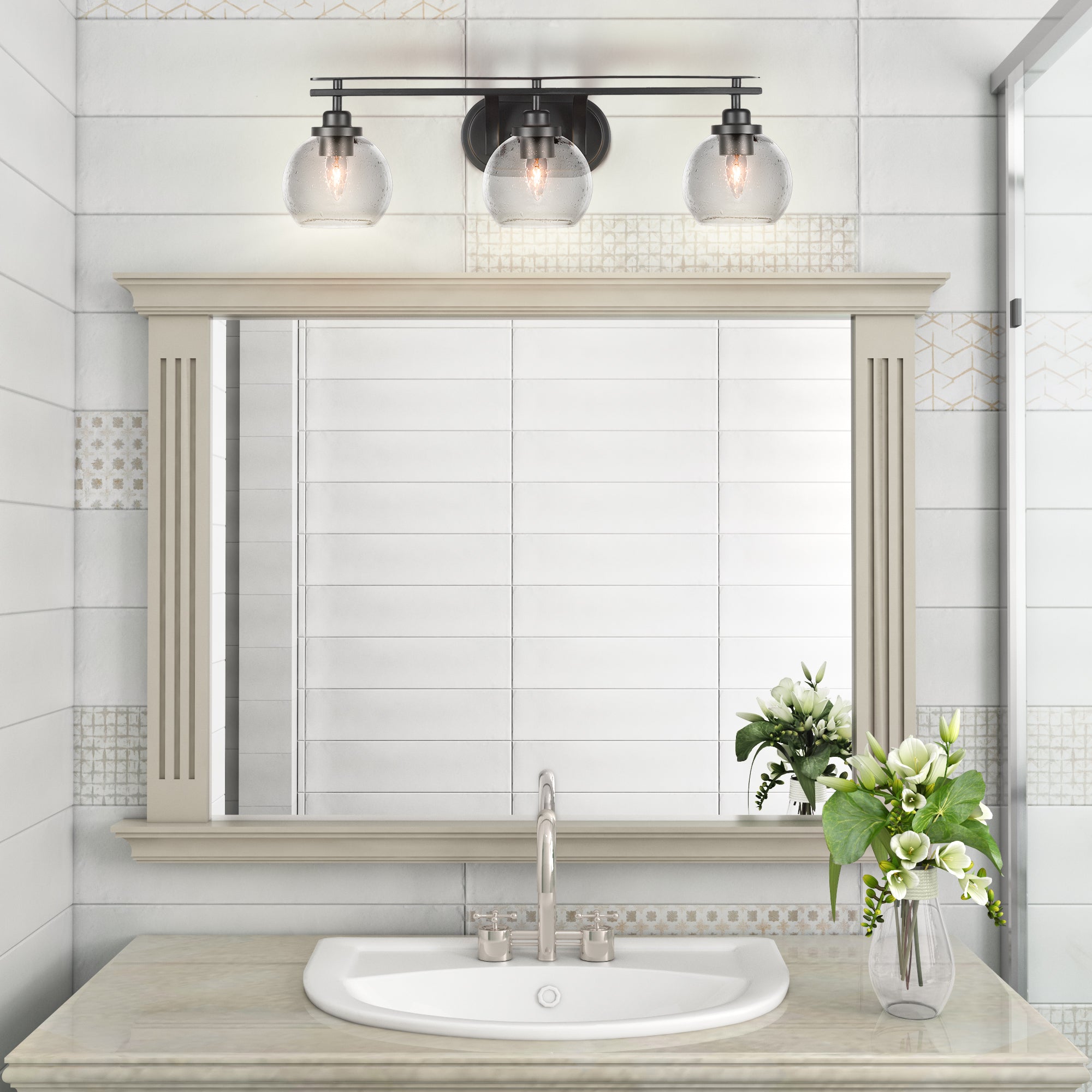 Odyssey Three Light Bath Bar in Matte Black with 5.75" Clear Bubble Shade