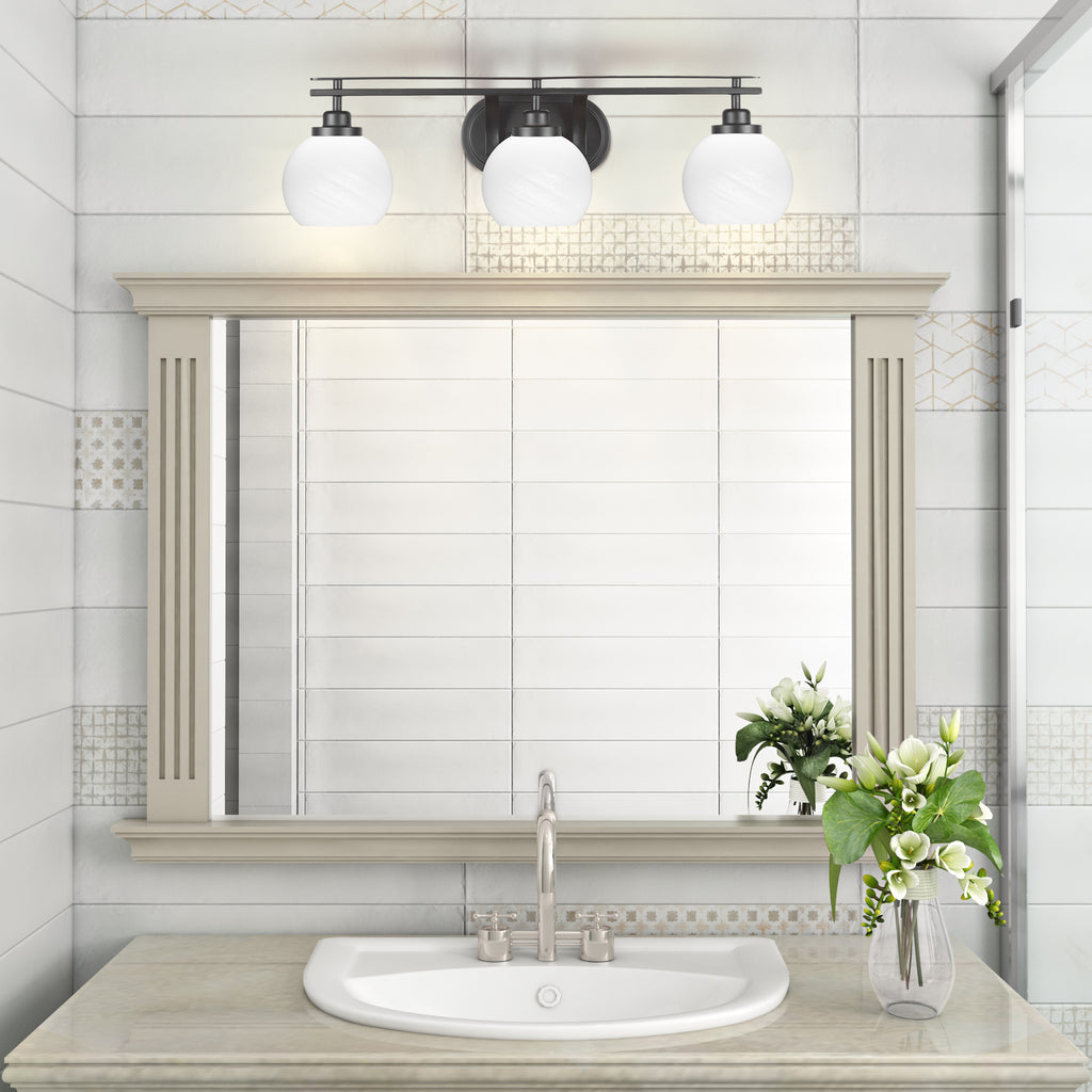 Odyssey Three Light Bath Bar in Matte Black with 5.75" White Marble Shade