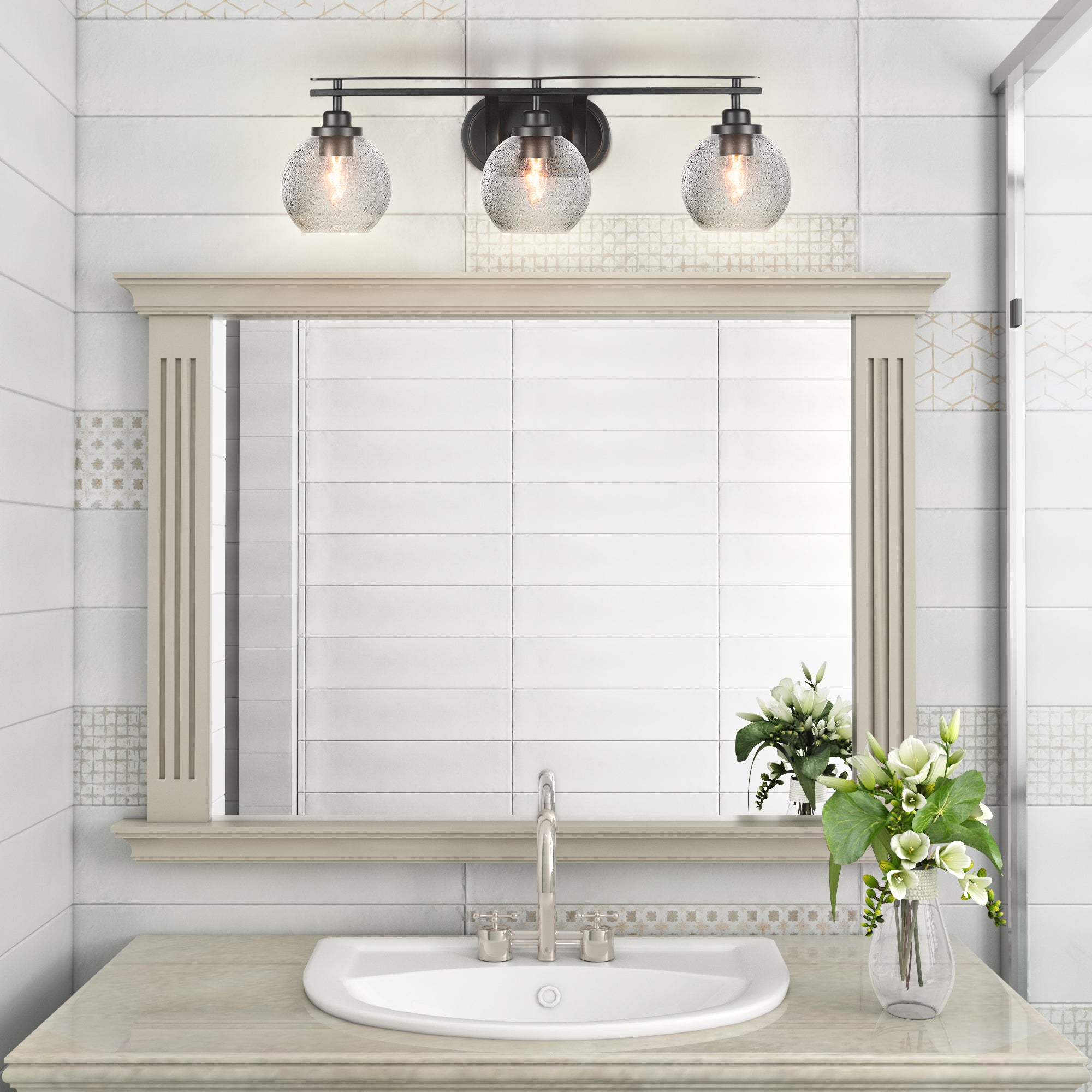 Odyssey Three Light Bath Bar in Matte Black with 5.75" Smoke Bubble Shade