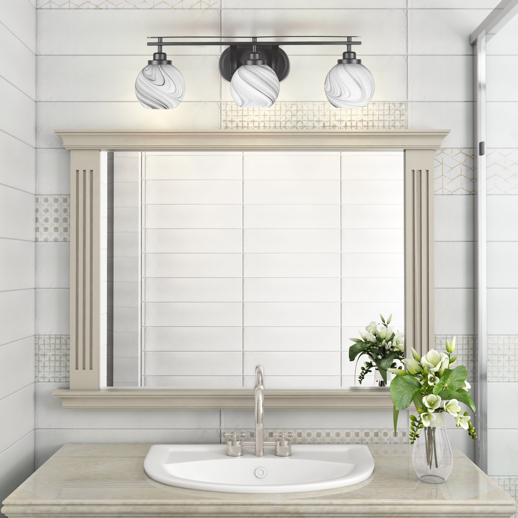 Odyssey Three Light Bath Bar in Matte Black with 5.75" Onyx Swirl Shade