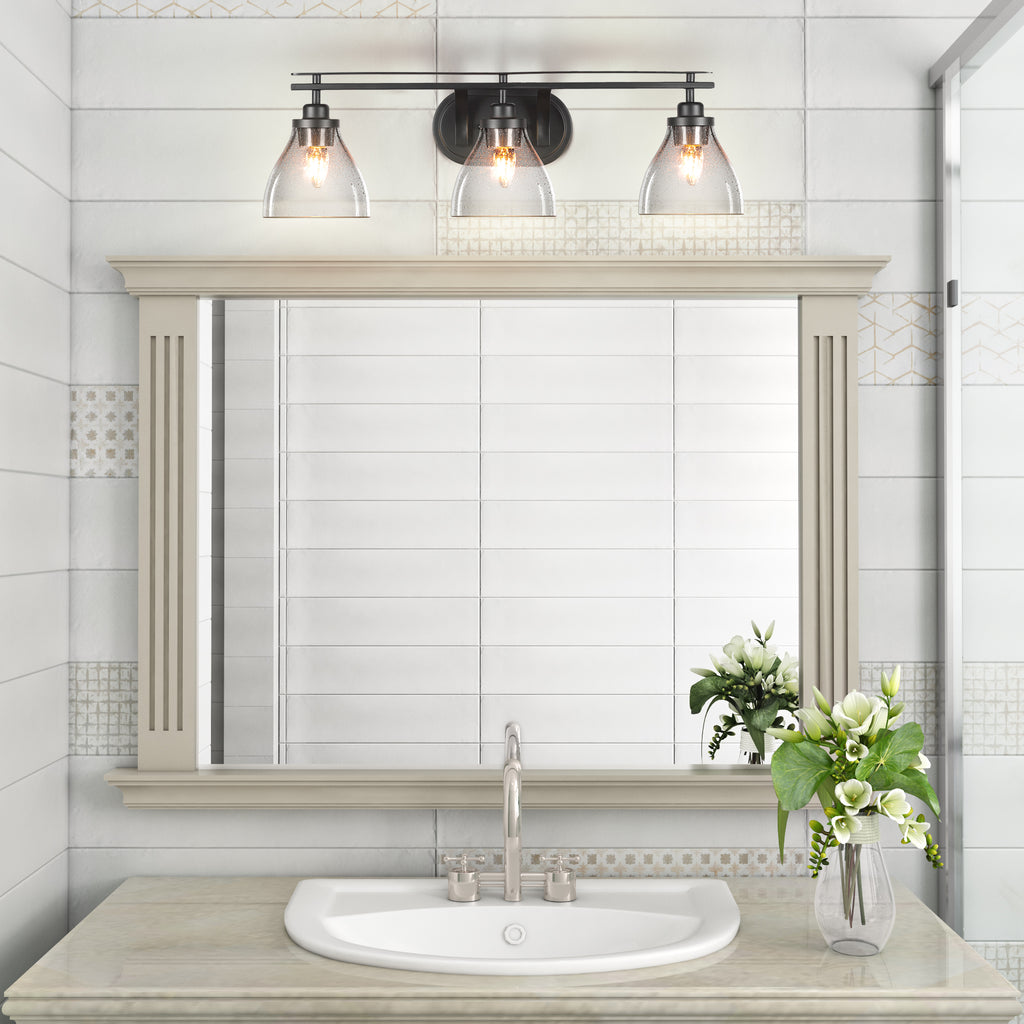Odyssey Three Light Bath Bar in Matte Black with 6.25" Clear Bubble Shade