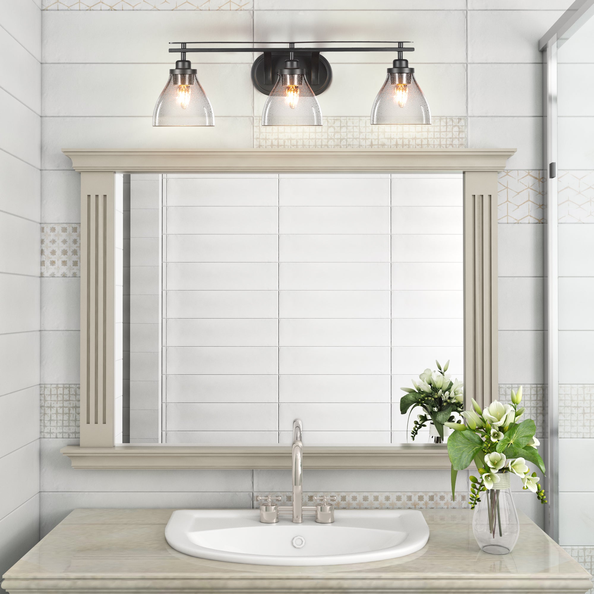 Odyssey Three Light Bath Bar in Matte Black with 6.25" Clear Bubble Shade
