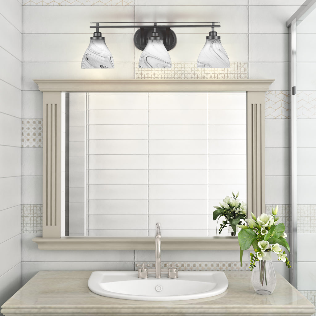 Odyssey Three Light Bath Bar in Matte Black with 6.25" Onyx Swirl Shade