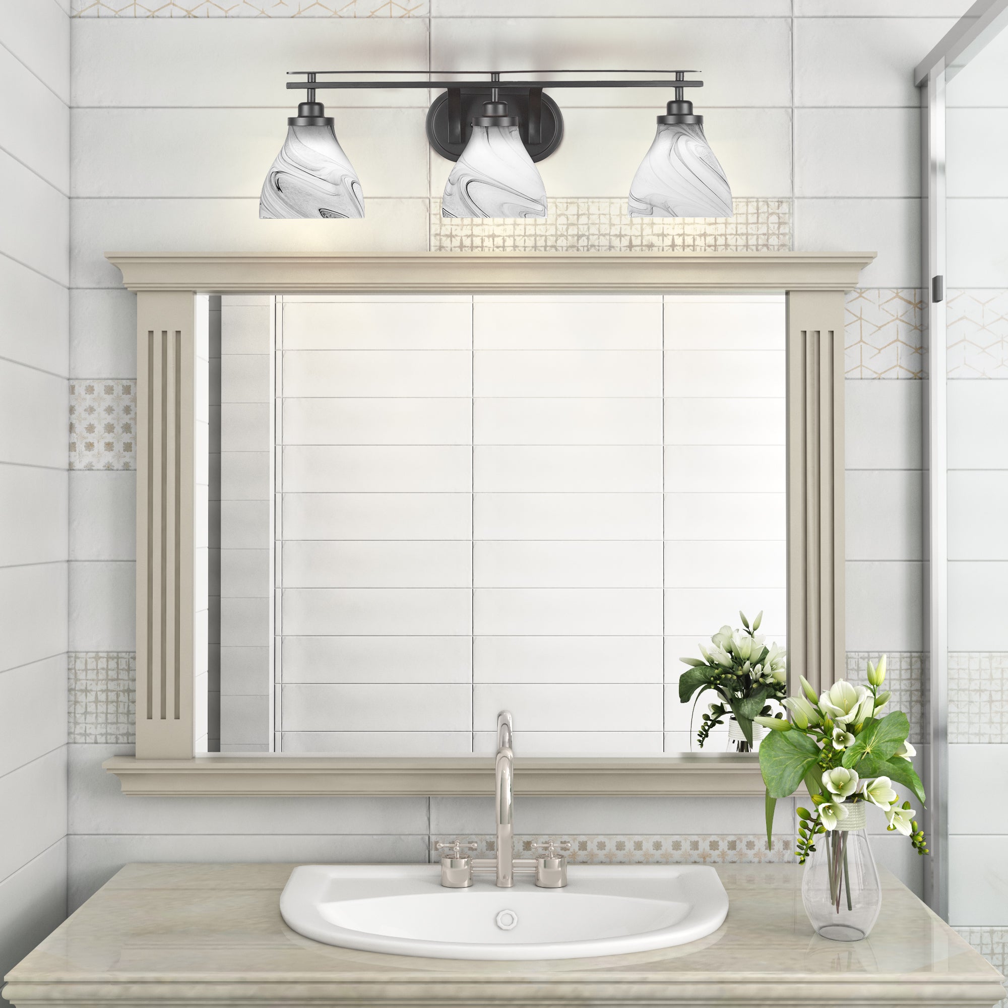 Odyssey Three Light Bath Bar in Matte Black with 6.25" Onyx Swirl Shade