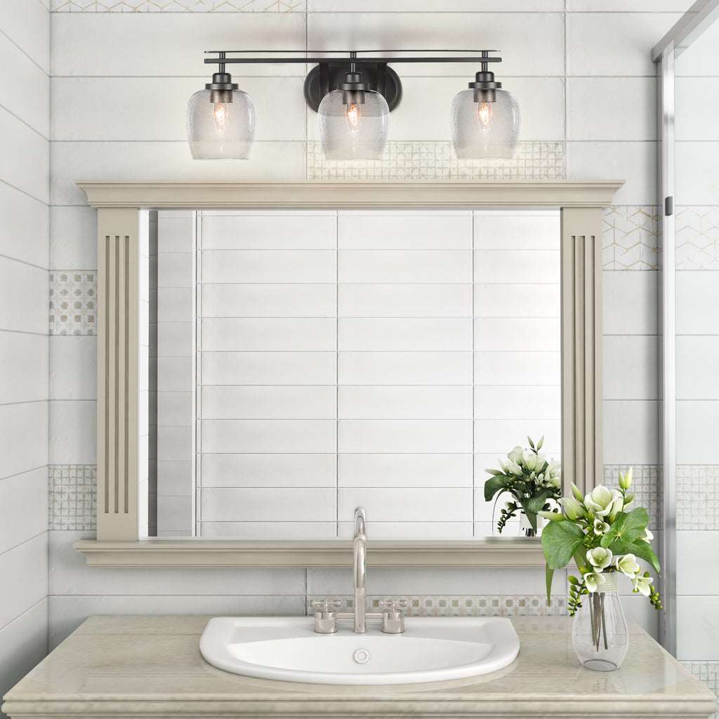 Odyssey Three Light Bath Bar in Matte Black with 6" Clear Bubble Shade
