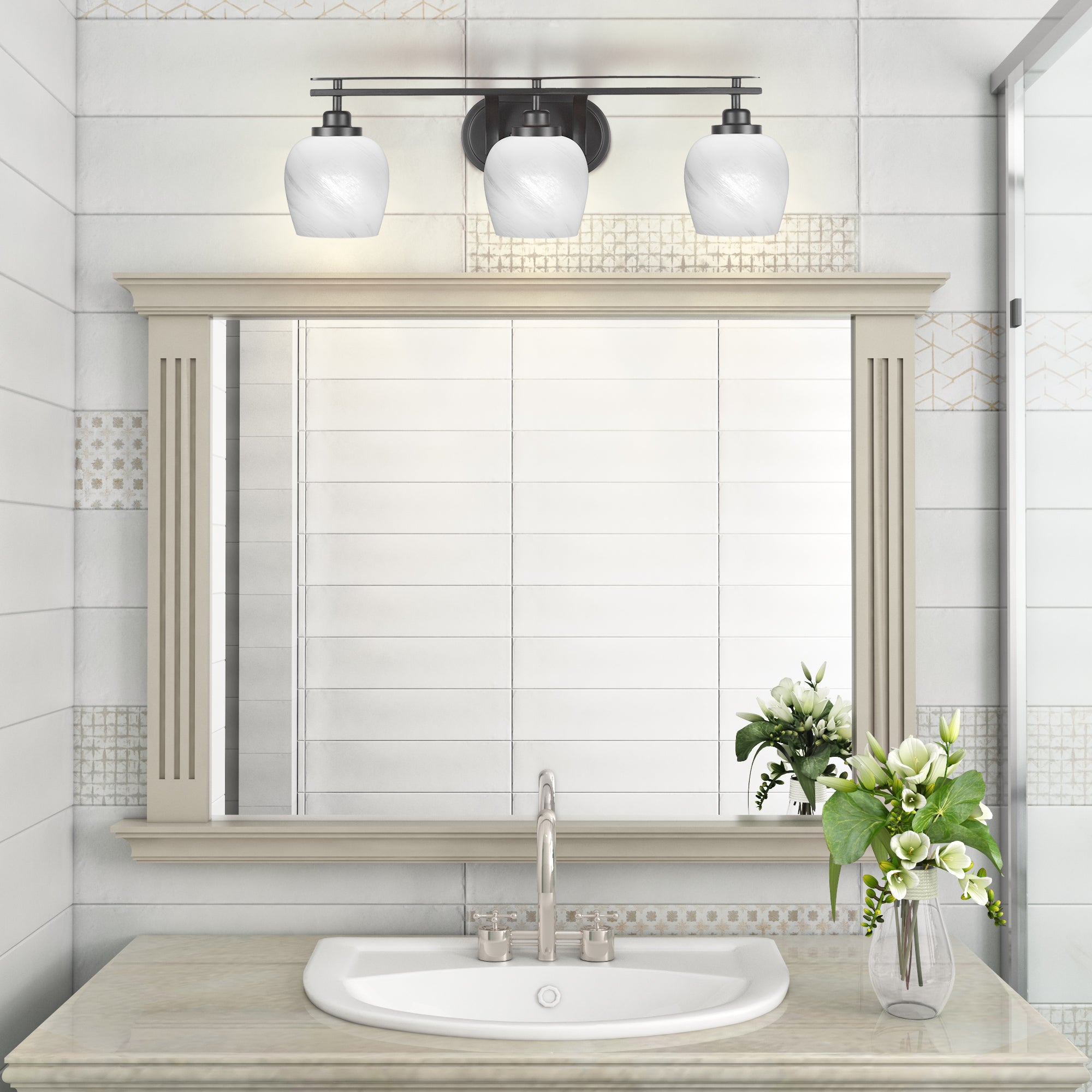 Odyssey Three Light Bath Bar in Matte Black with 6" White Marble Shade