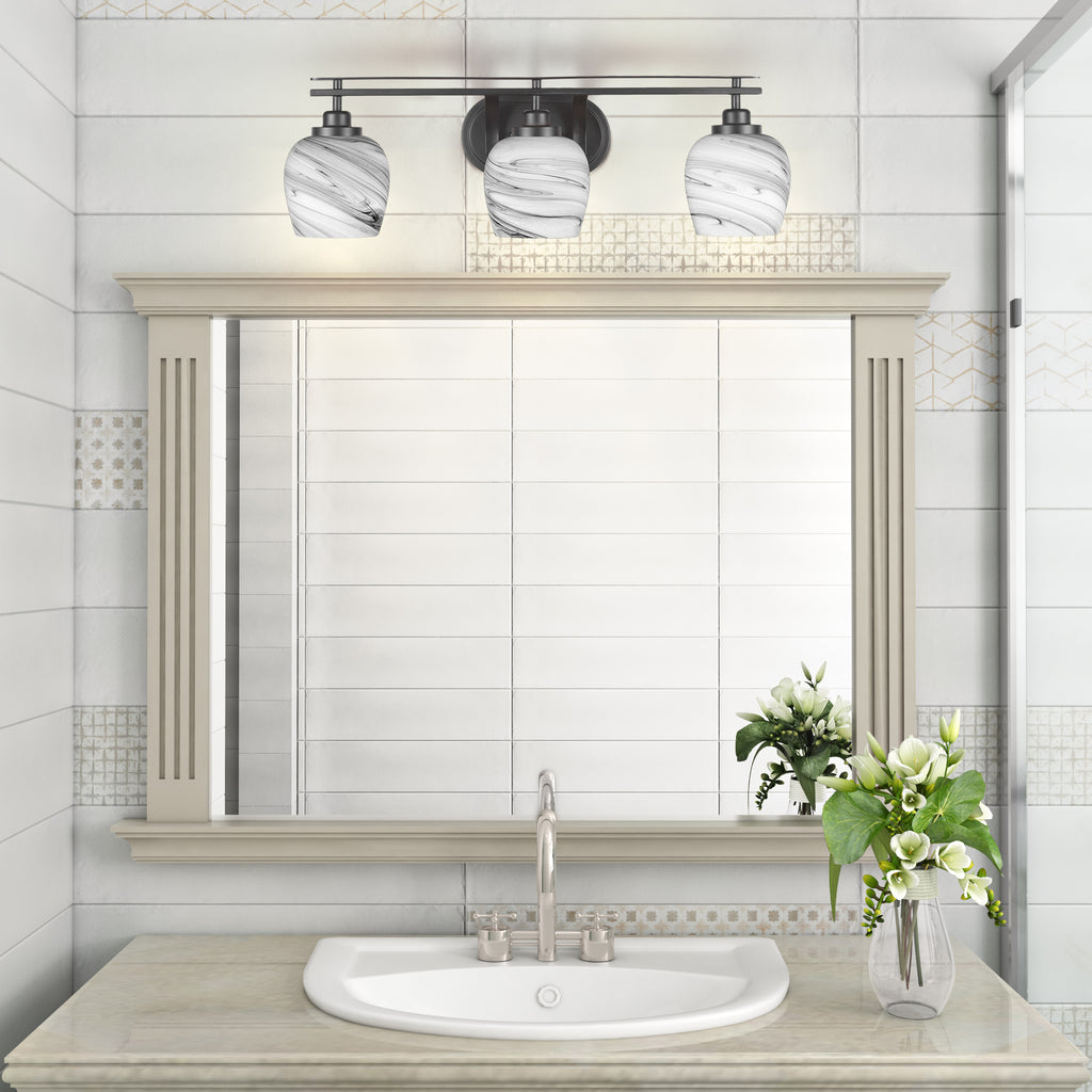 Odyssey Three Light Bath Bar in Matte Black with 6" Onyx Swirl Shade
