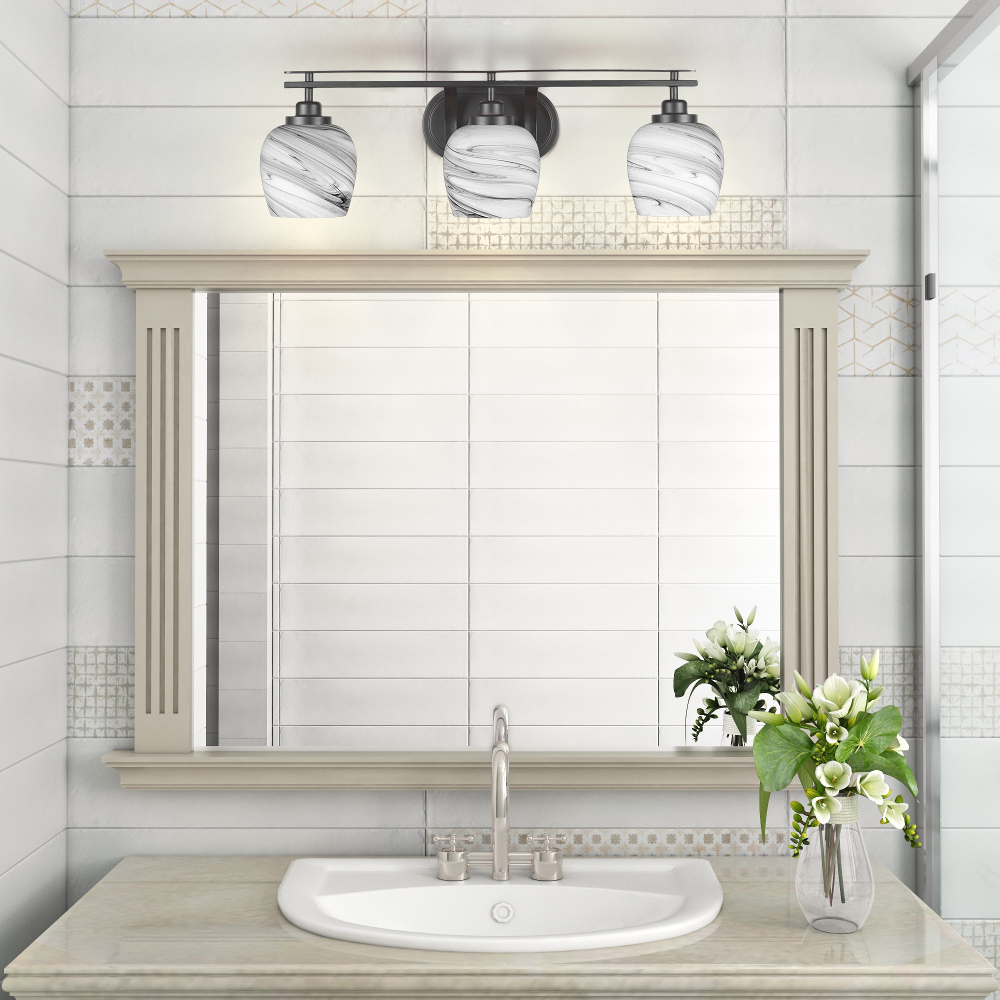Odyssey Three Light Bath Bar in Matte Black with 6" Onyx Swirl Shade