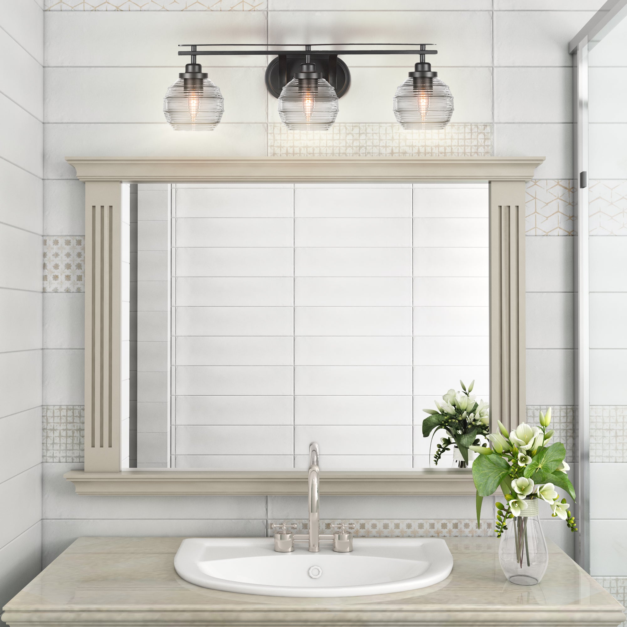 Odyssey Three Light Bath Bar in Matte Black with 6" Clear Ribbed Shade