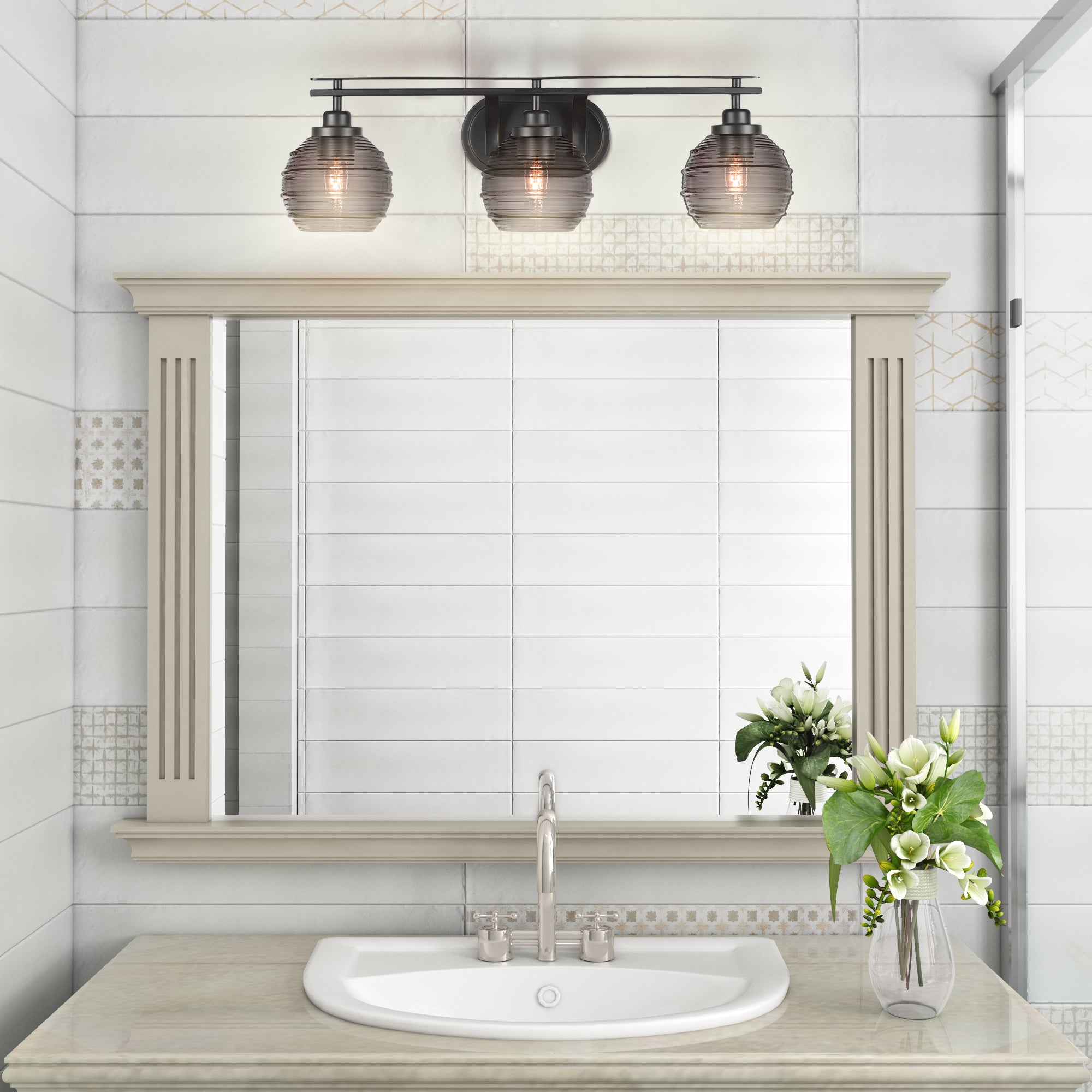 Odyssey Three Light Bath Bar in Matte Black with 6" Smoke Ribbed Shade