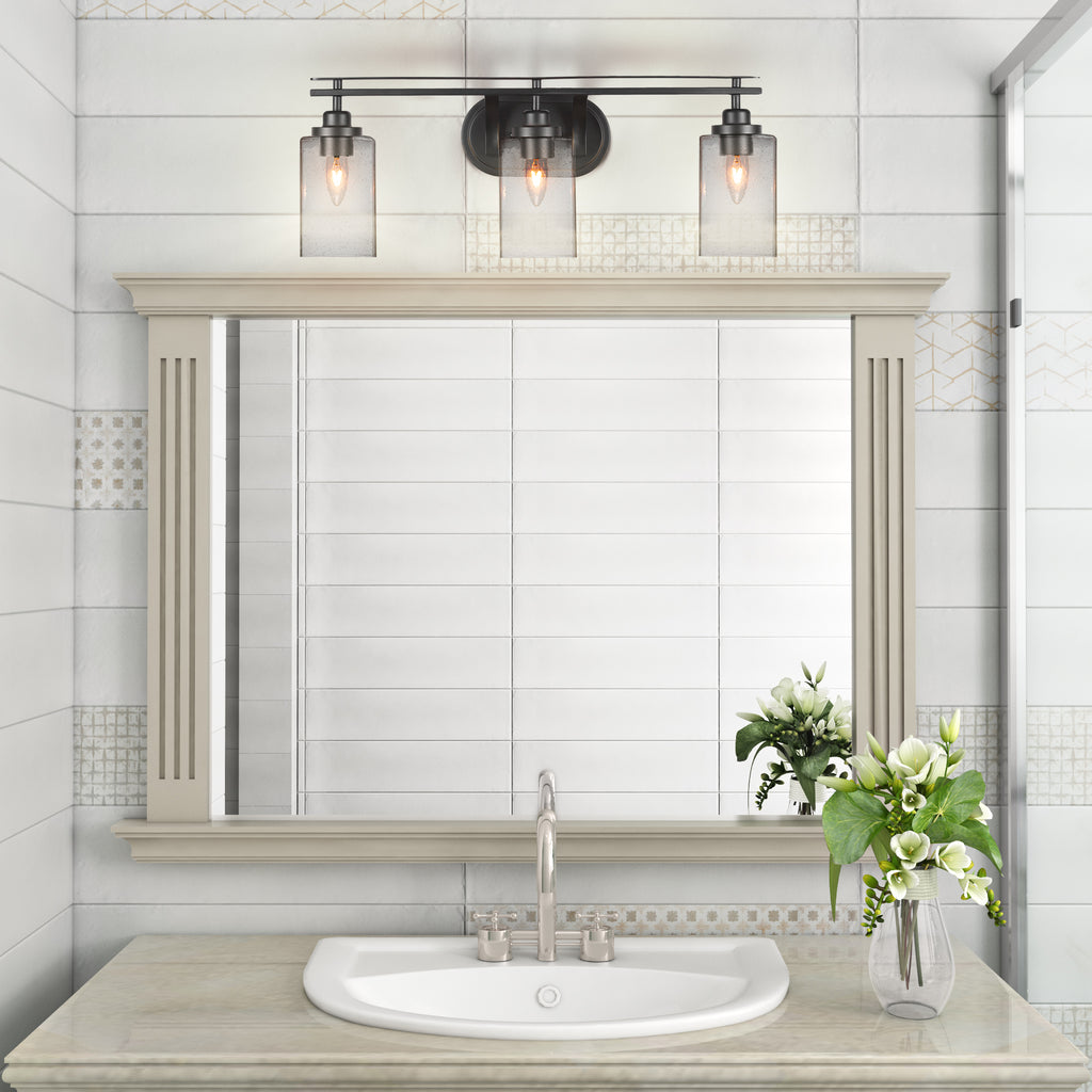 Odyssey Three Light Bath Bar in Matte Black with 4" Square Clear Bubble Shade