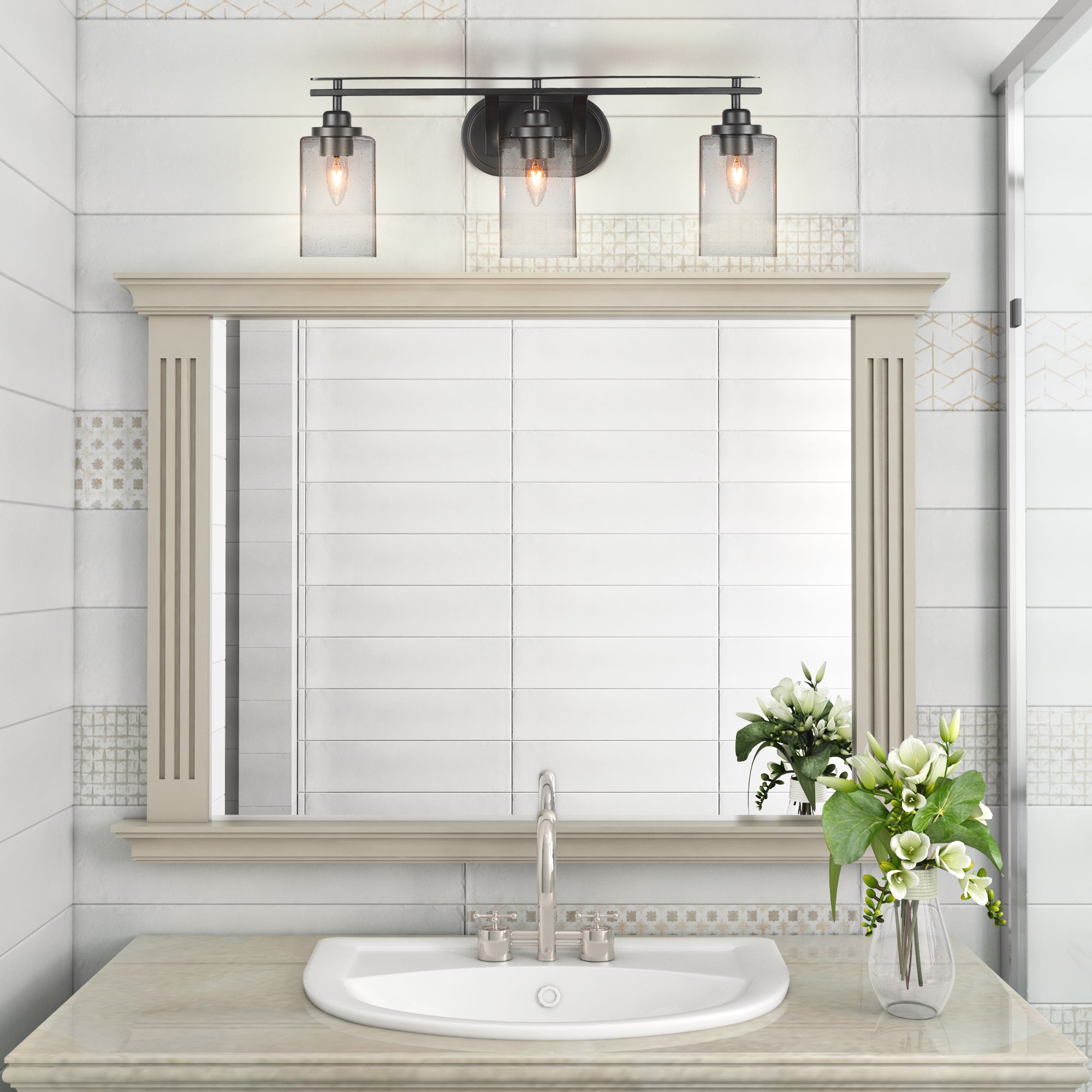Odyssey Three Light Bath Bar in Matte Black with 4" Square Clear Bubble Shade