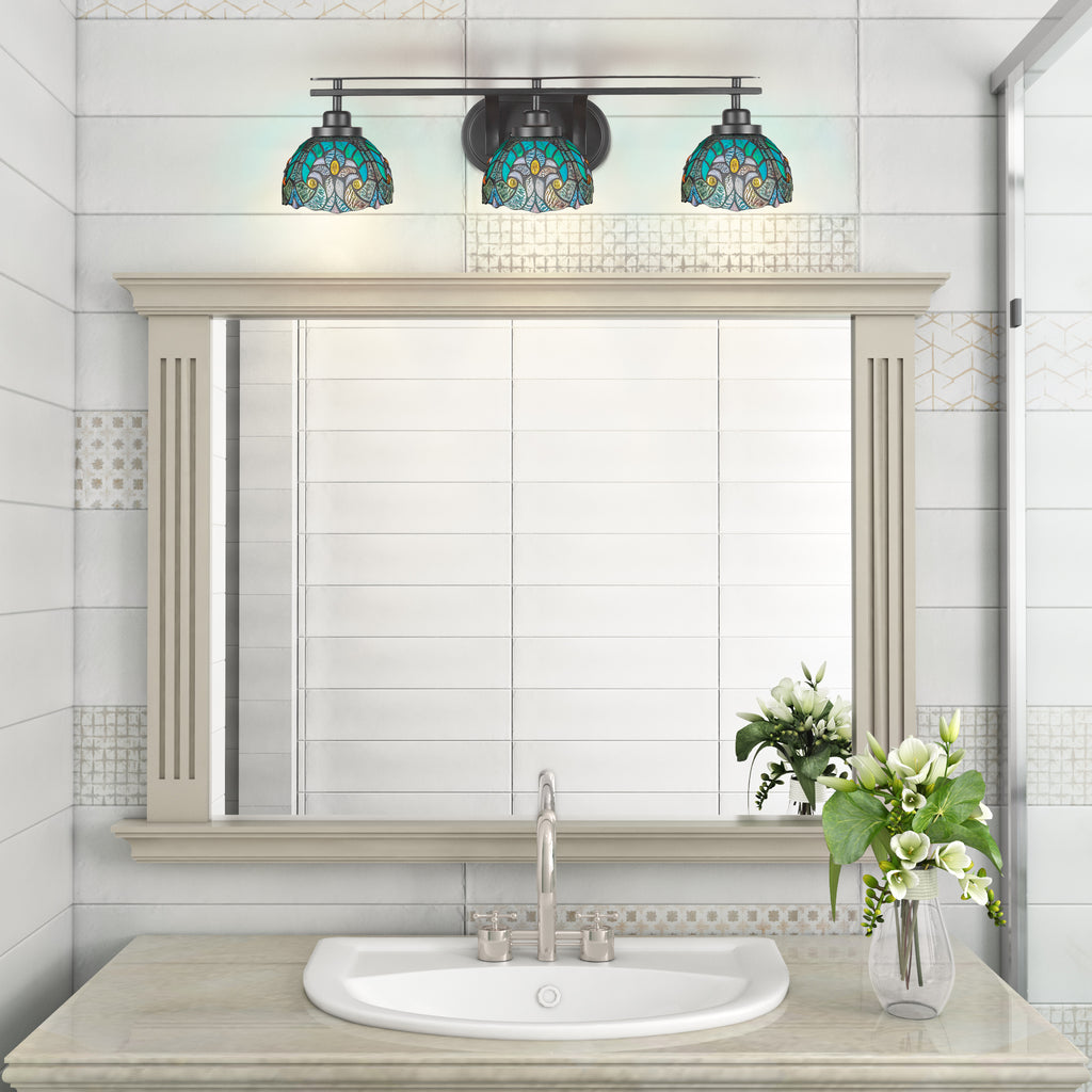 Odyssey Three Light Bath Bar in Matte Black with 7" Turquoise Cypress Art Glass Shade