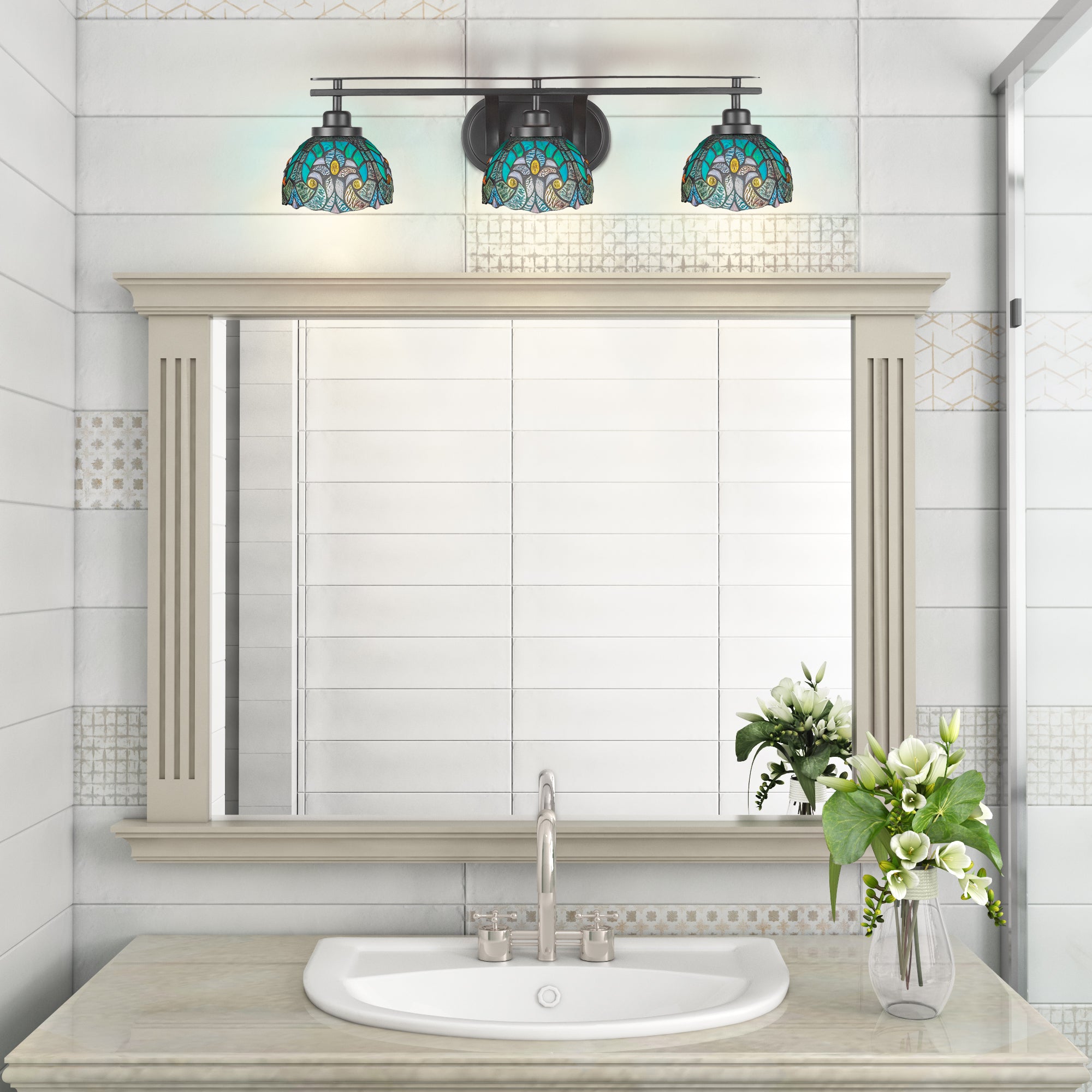 Odyssey Three Light Bath Bar in Matte Black with 7" Turquoise Cypress Art Glass Shade