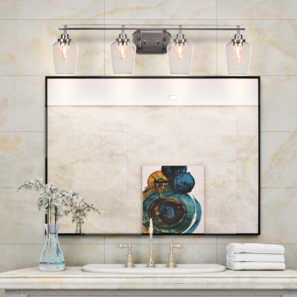 Odyssey Four Light Bath Bar in Brushed Nickel with 5" Clear Bubble Shade
