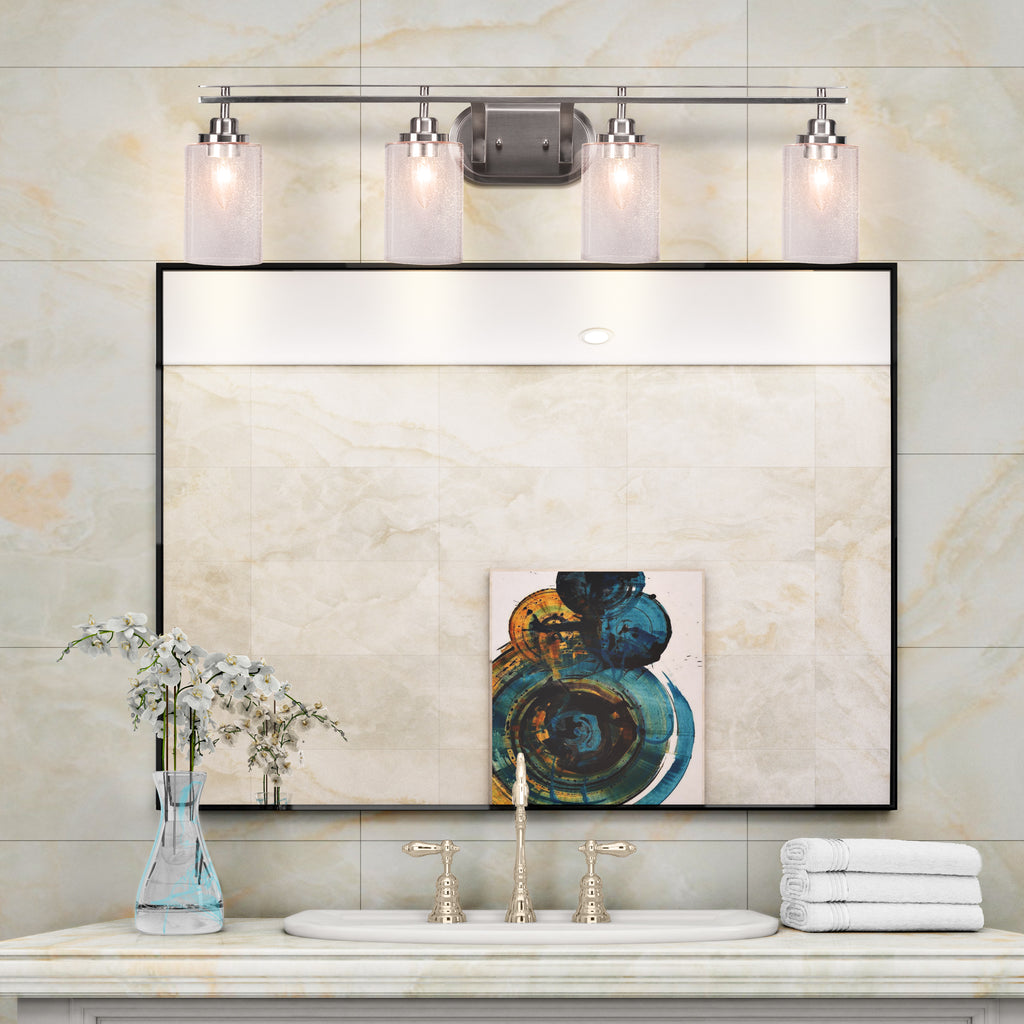 Odyssey Four Light Bath Bar in Brushed Nickel with 4" Clear Bubble Shade