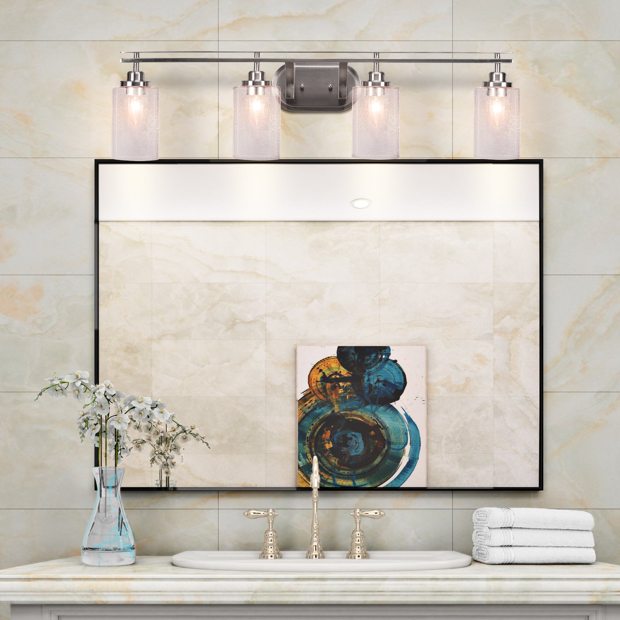 Odyssey Four Light Bath Bar in Brushed Nickel with 4" Clear Bubble Shade