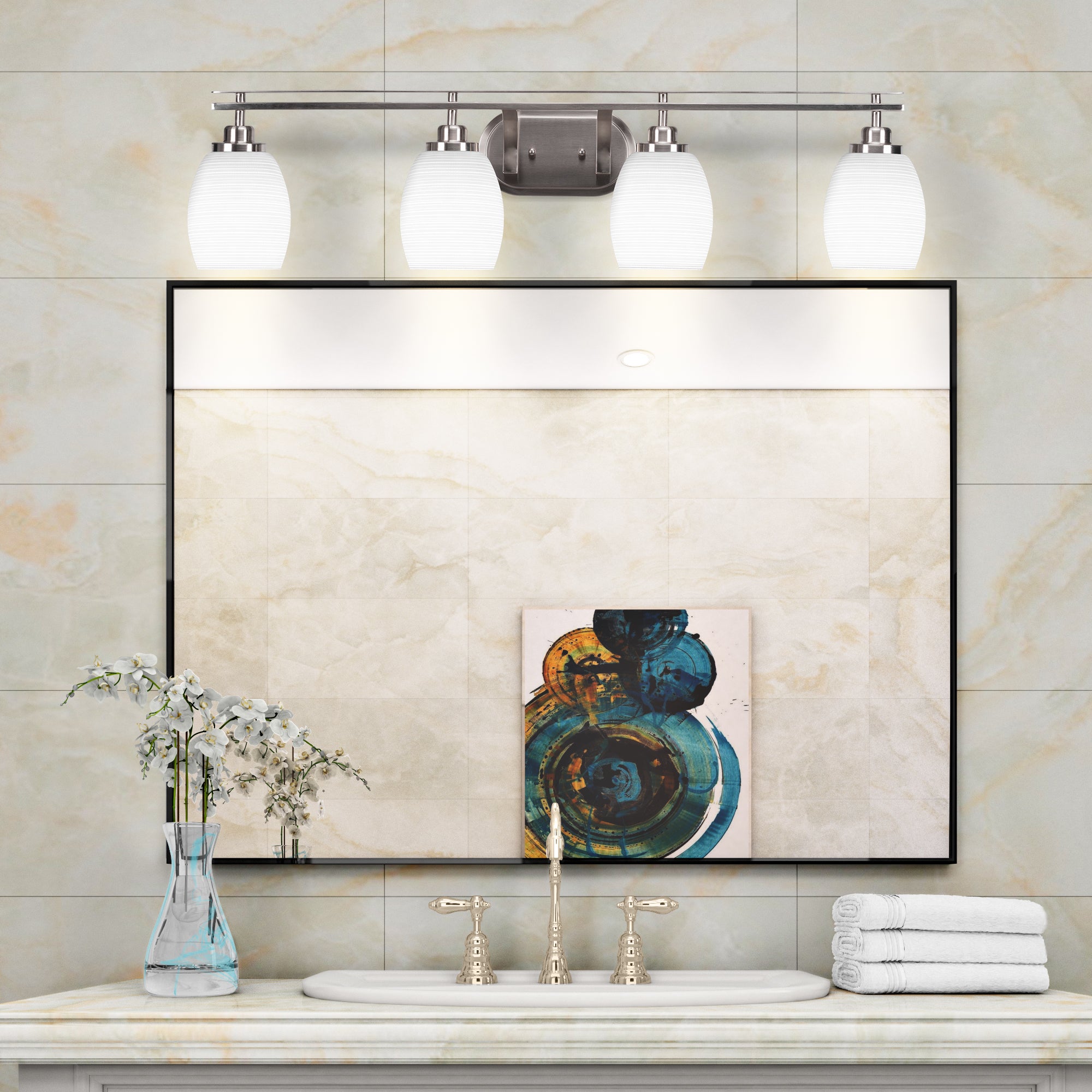 Odyssey Four Light Bath Bar in Brushed Nickel with 5" White Matrix Shade