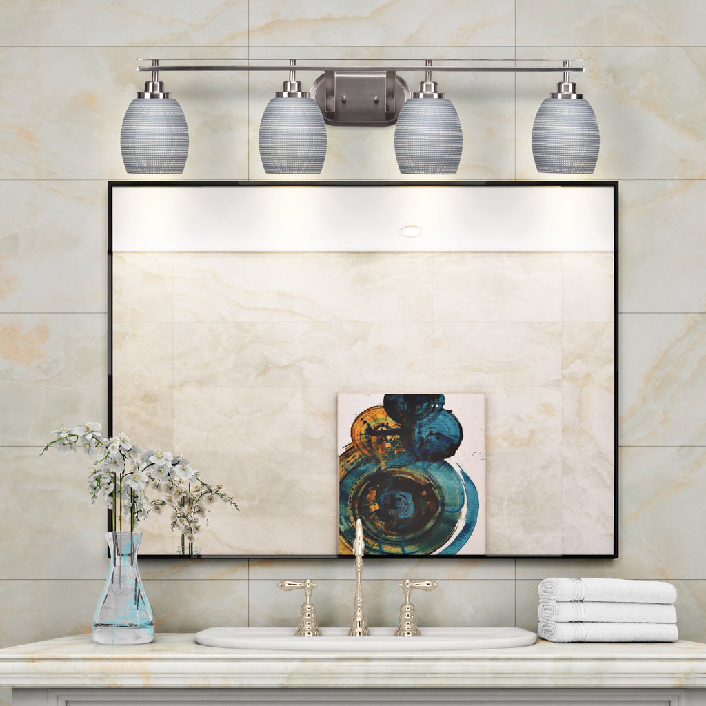 Odyssey Four Light Bath Bar in Brushed Nickel with 5" Gray Matrix Shade