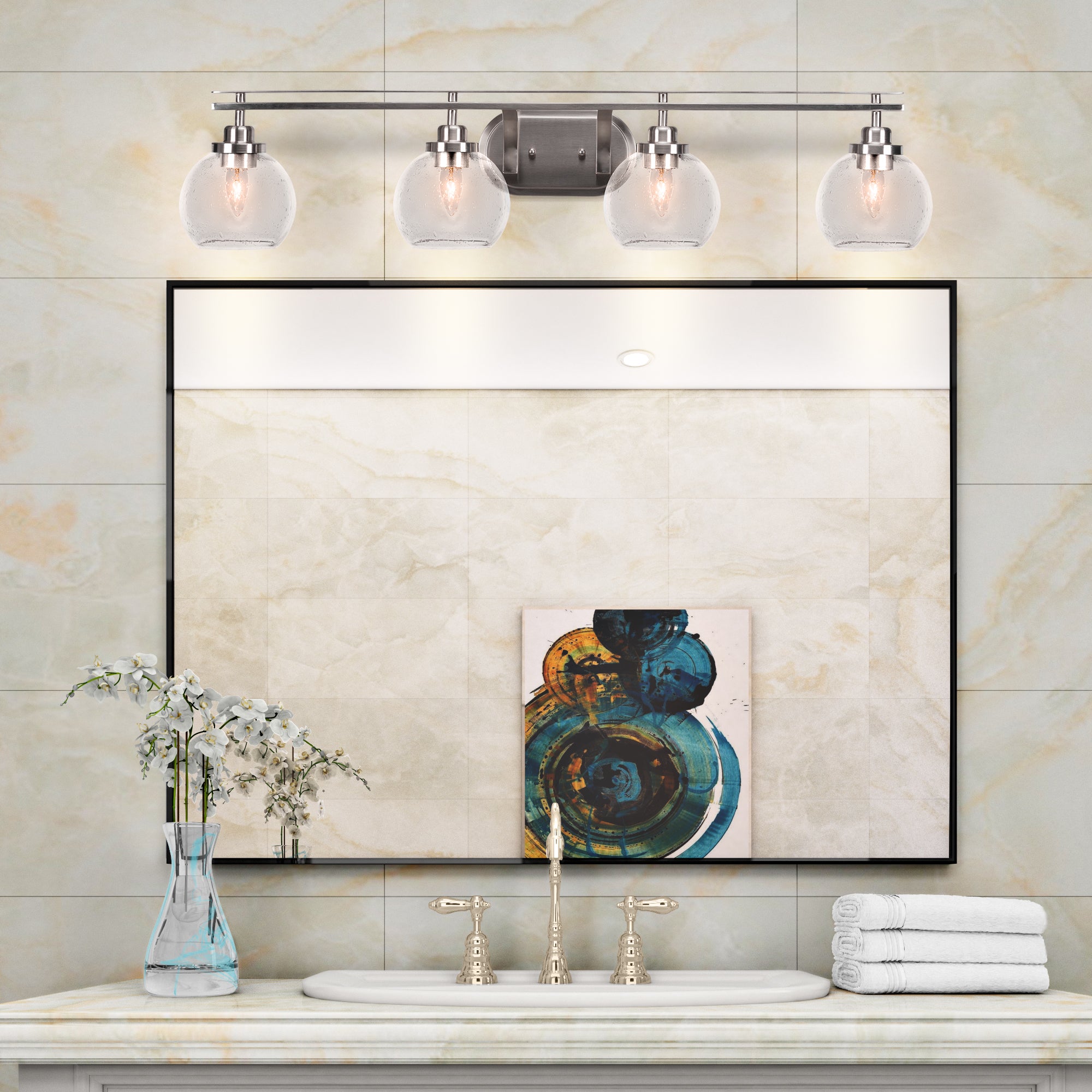 Odyssey Four Light Bath Bar in Brushed Nickel with 5.75" Clear Bubble Shade