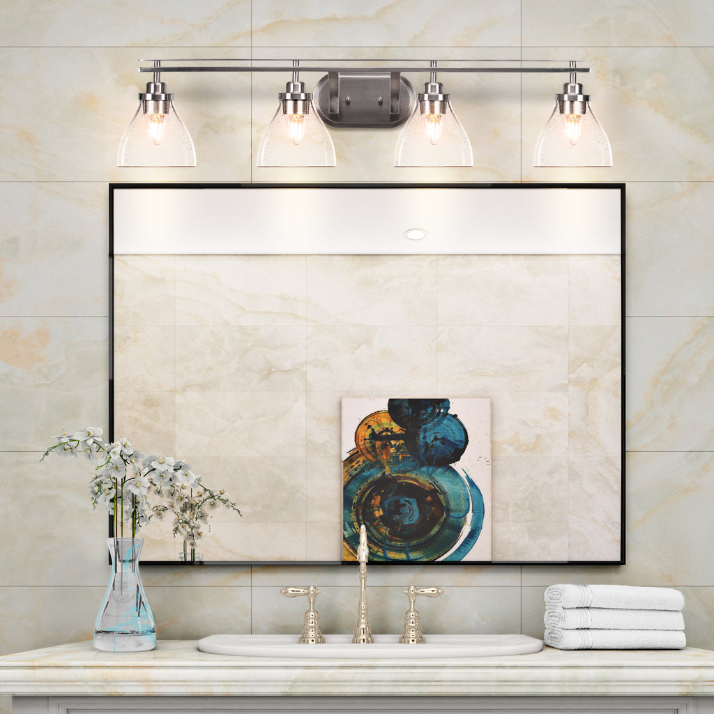 Odyssey Four Light Bath Bar in Brushed Nickel with 6.25" Clear Bubble Shade