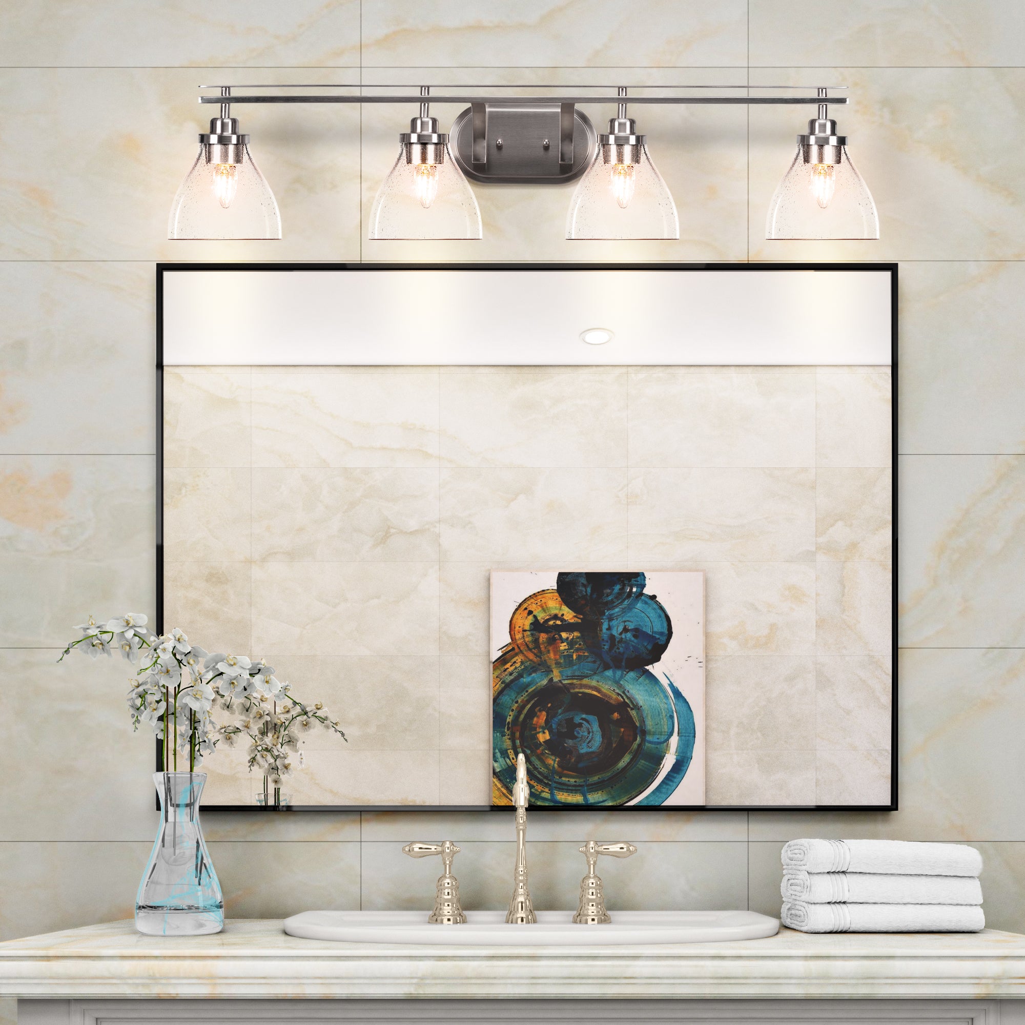 Odyssey Four Light Bath Bar in Brushed Nickel with 6.25" Clear Bubble Shade