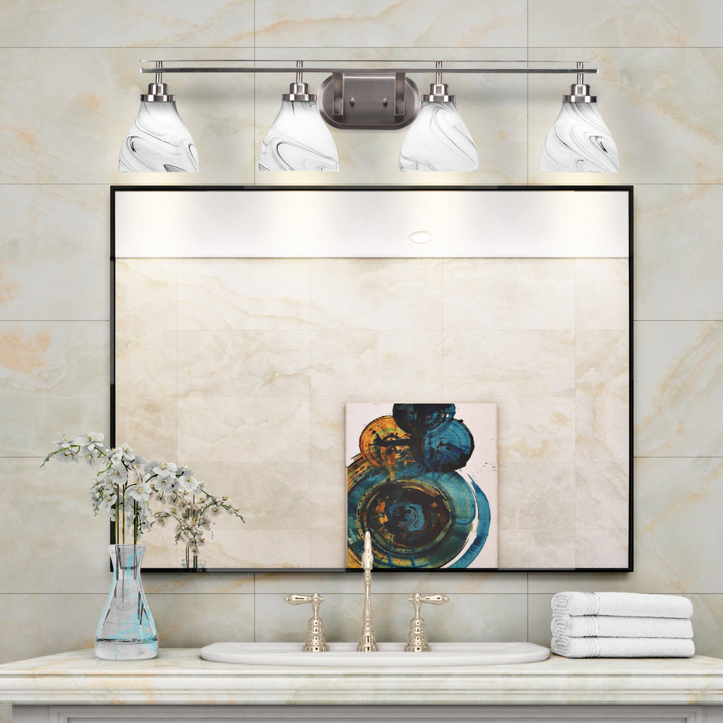 Odyssey Four Light Bath Bar in Brushed Nickel with 6.25" Onyx Swirl Shade