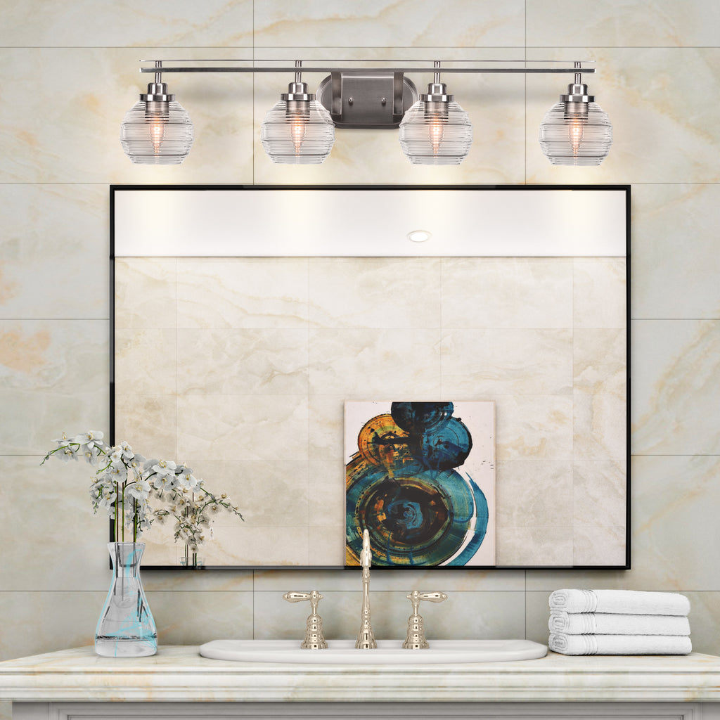 Odyssey Four Light Bath Bar in Brushed Nickel with 6" Clear Ribbed Shade