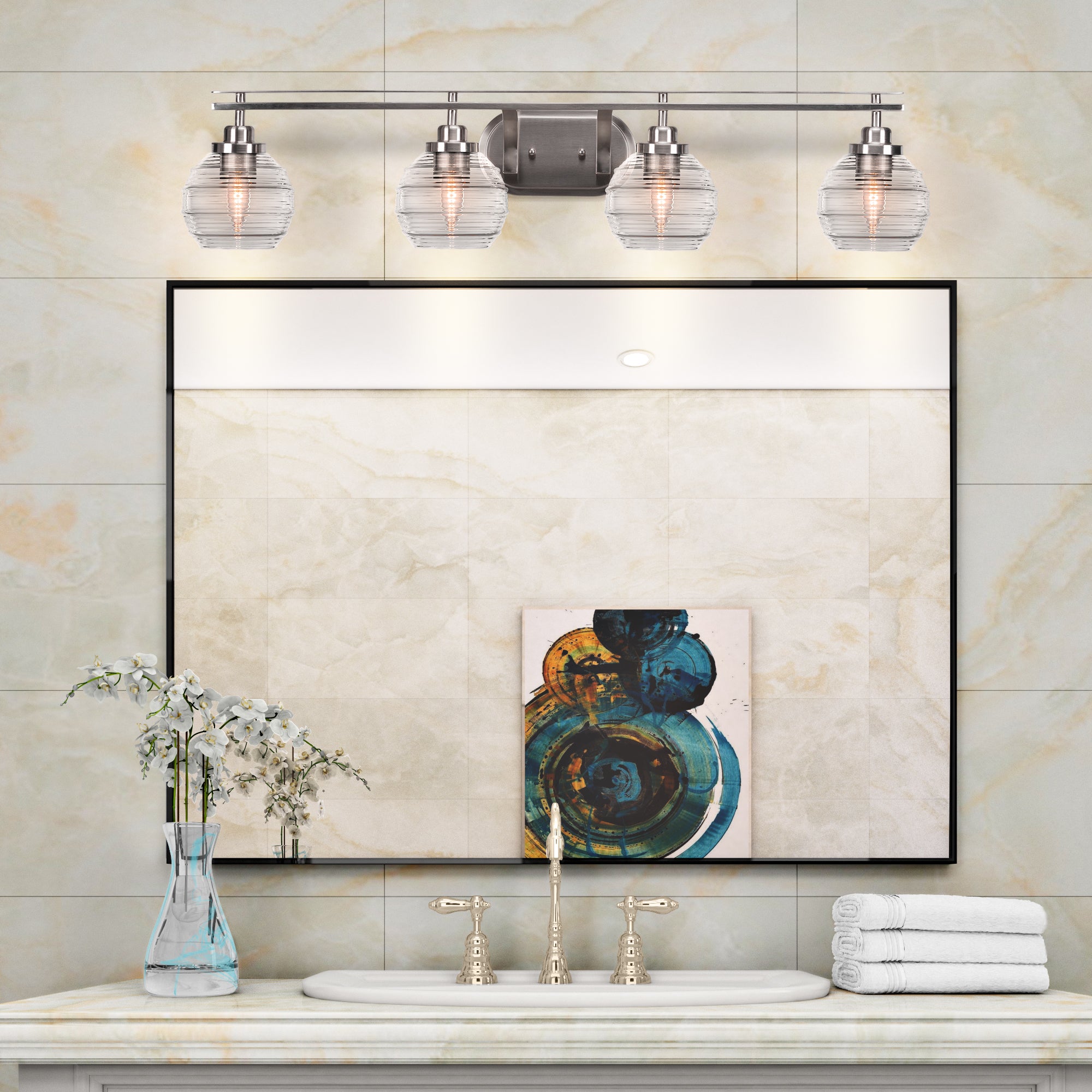 Odyssey Four Light Bath Bar in Brushed Nickel with 6" Clear Ribbed Shade