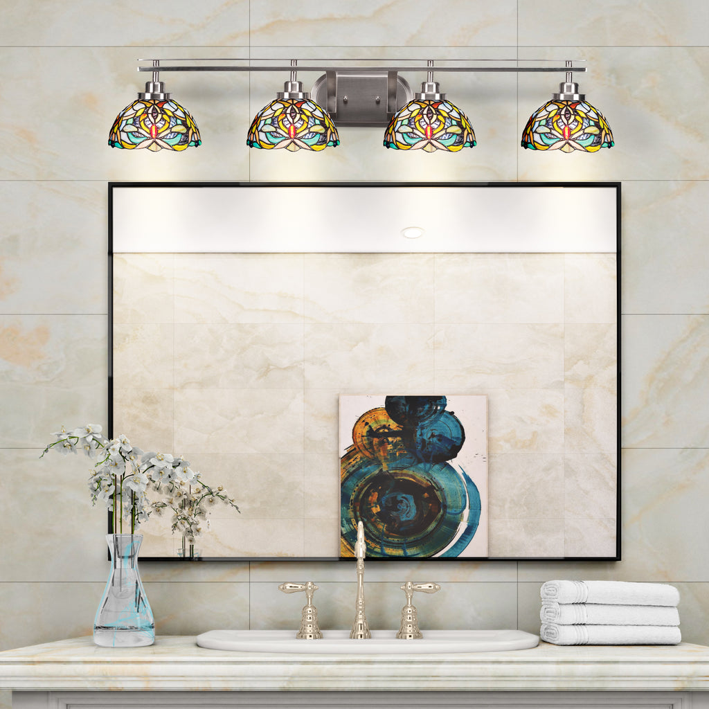 Odyssey Four Light Bath Bar in Brushed Nickel with 7" Kaleidoscope Art Glass Shade