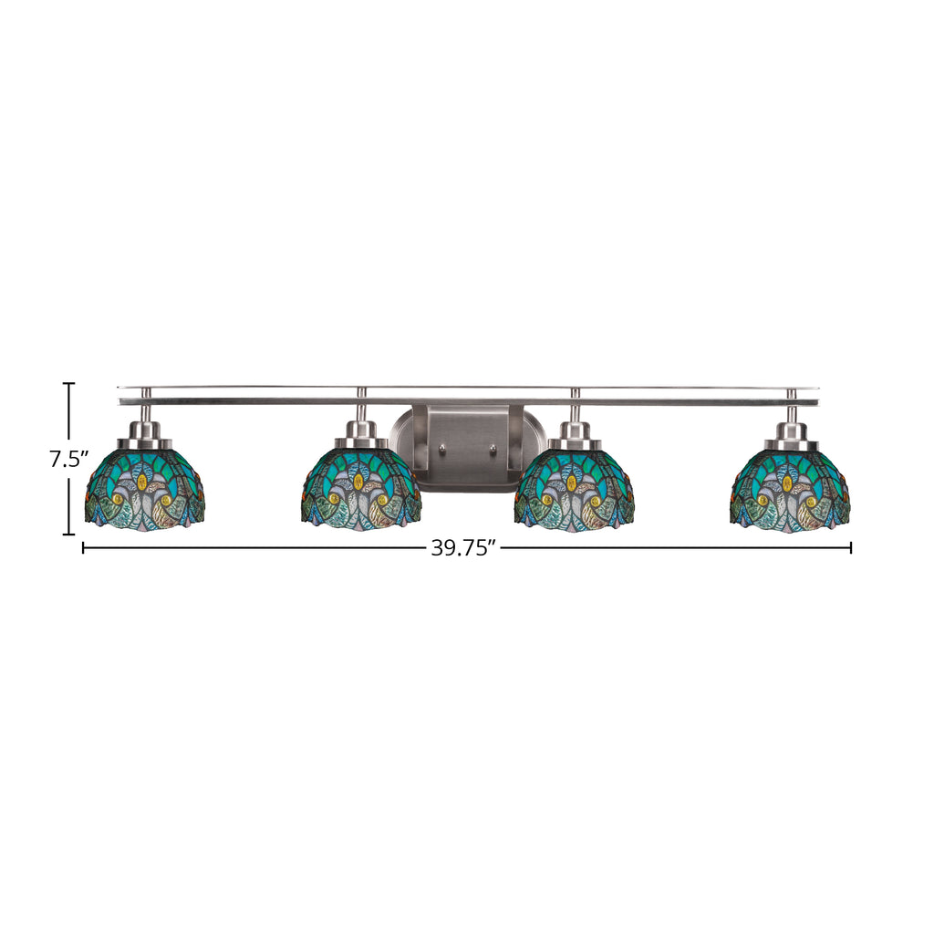 Odyssey Four Light Bath Bar in Brushed Nickel with 7" Turquoise Cypress Art Glass Shade