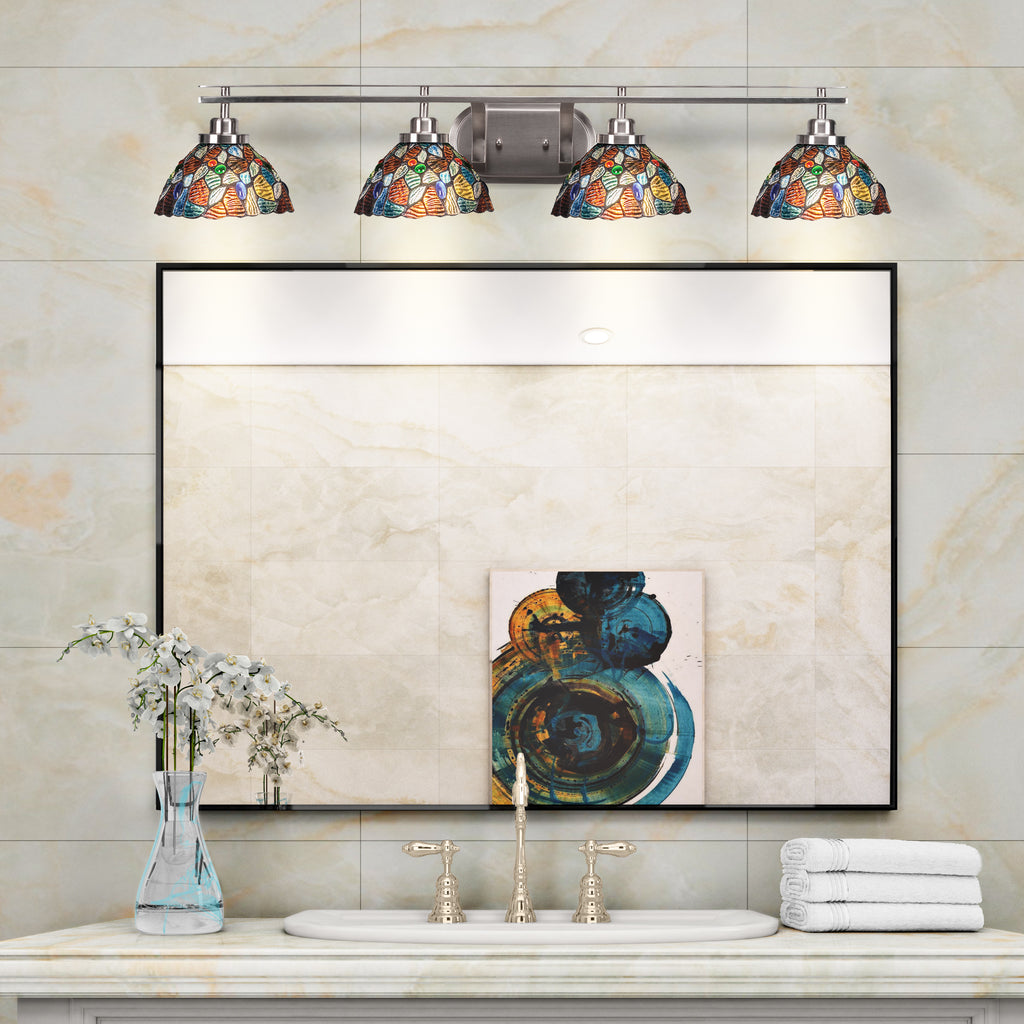 Odyssey Four Light Bath Bar in Brushed Nickel with 7" Blue Mosaic Art Glass Shade