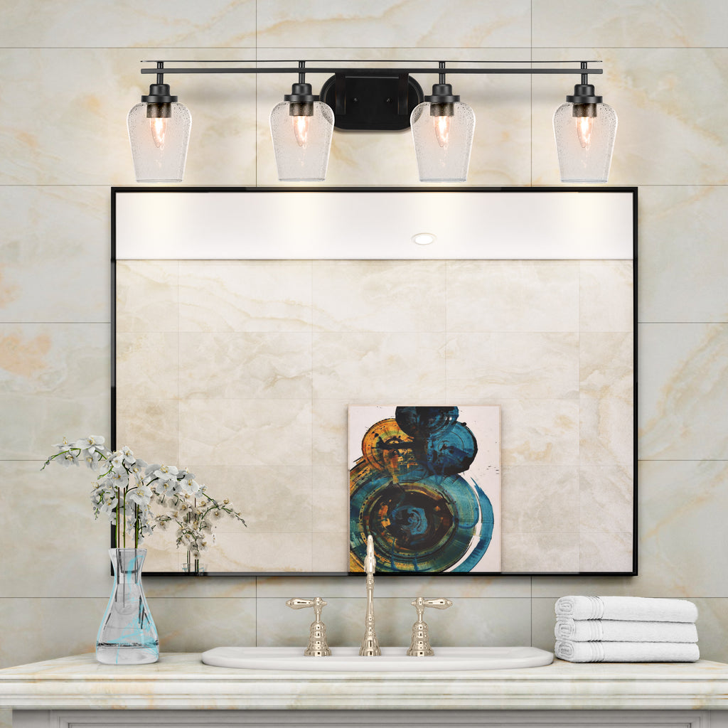 Odyssey Four Light Bath Bar in Matte Black with 5" Clear Bubble Shade