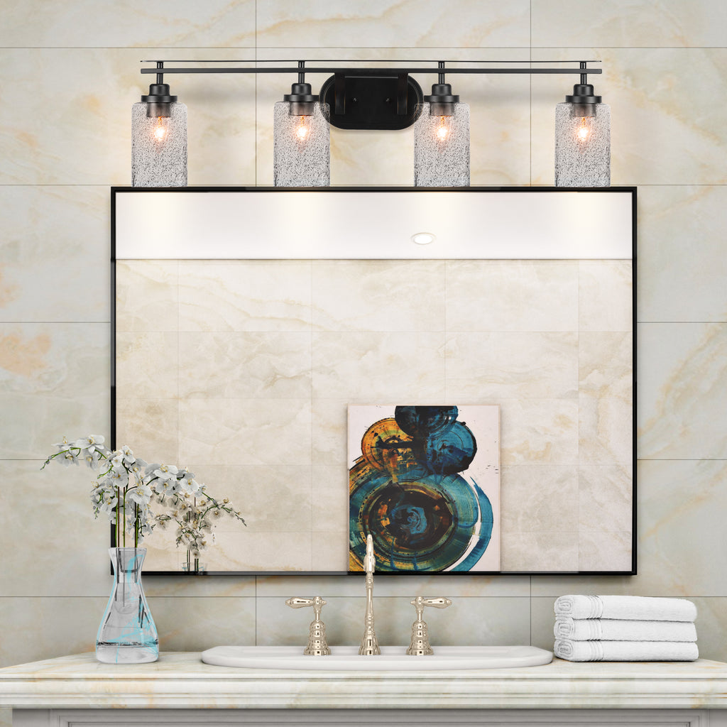 Odyssey Four Light Bath Bar in Matte Black with 4" Smoke Bubble Shade