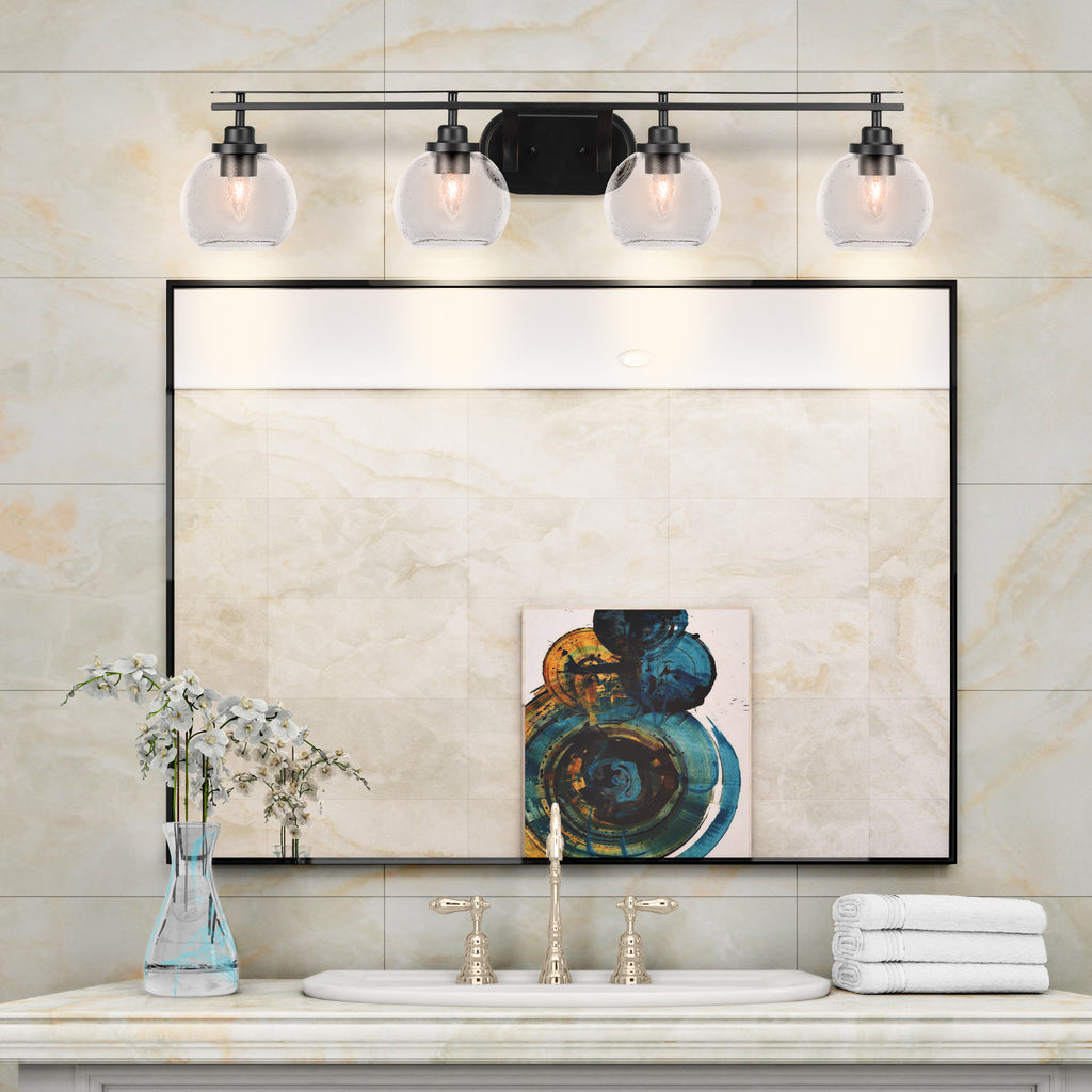 Odyssey Four Light Bath Bar in Matte Black with 5.75" Clear Bubble Shade