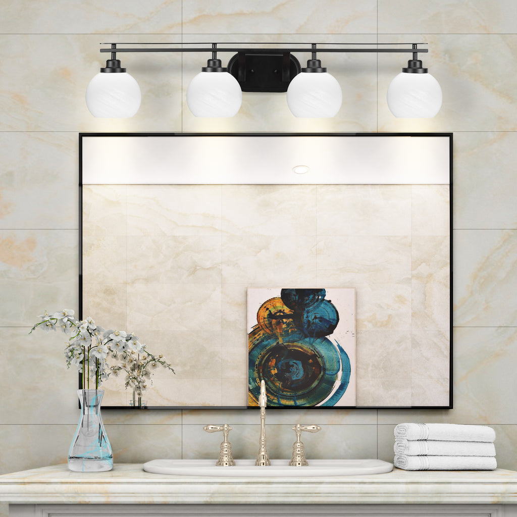 Odyssey Four Light Bath Bar in Matte Black with 5.75" White Marble Shade