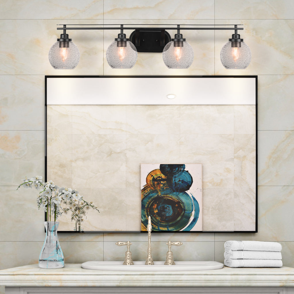 Odyssey Four Light Bath Bar in Matte Black with 5.75" Smoke Bubble Shade