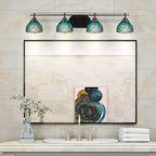 Odyssey Four Light Bath Bar in Matte Black with 7" Turquoise Cypress Art Glass Shade