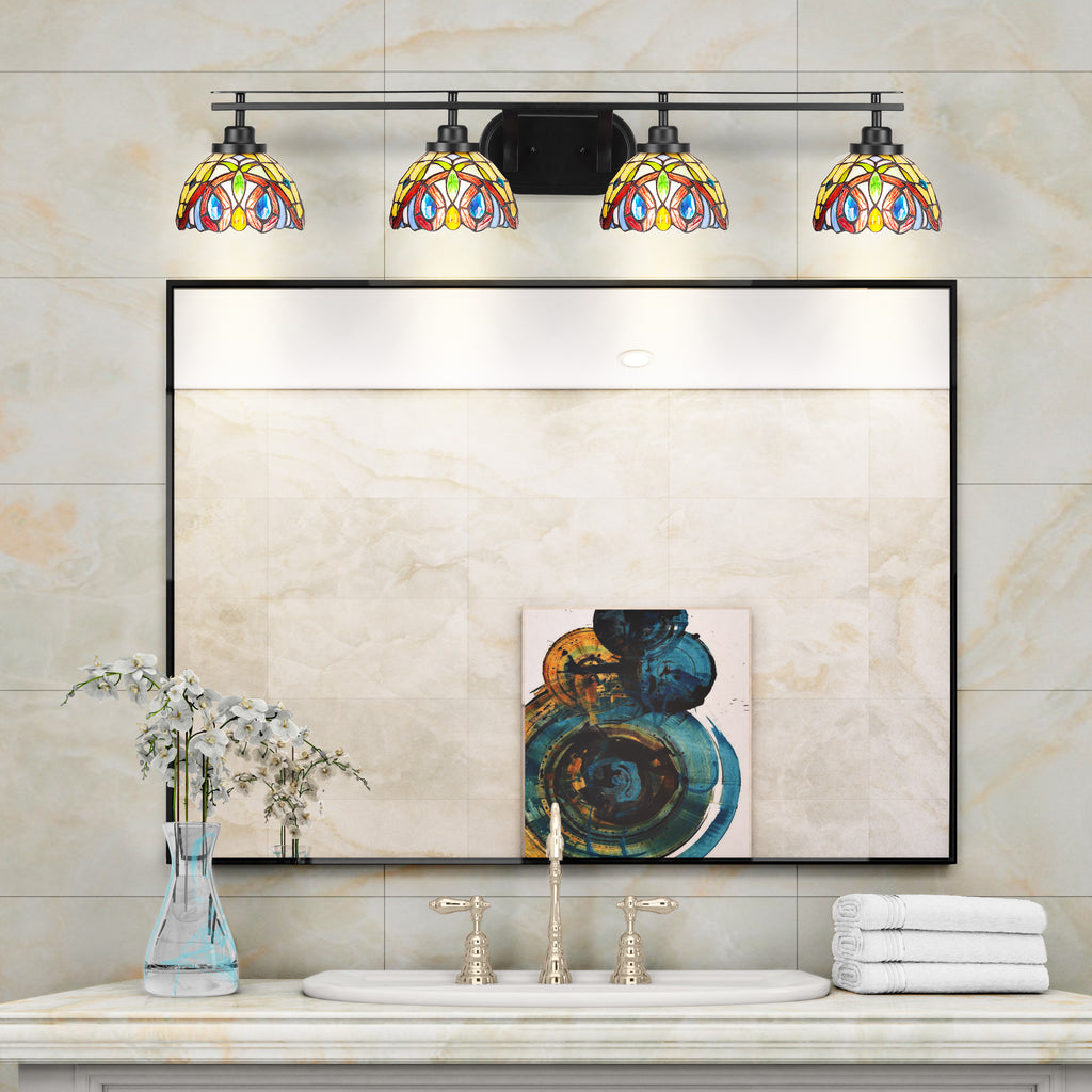 Odyssey Four Light Bath Bar in Matte Black with 7" Ivory Cypress Art Glass Shade