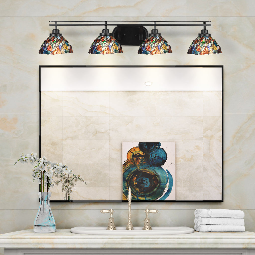 Odyssey Four Light Bath Bar in Matte Black with 7" Blue Mosaic Art Glass Shade