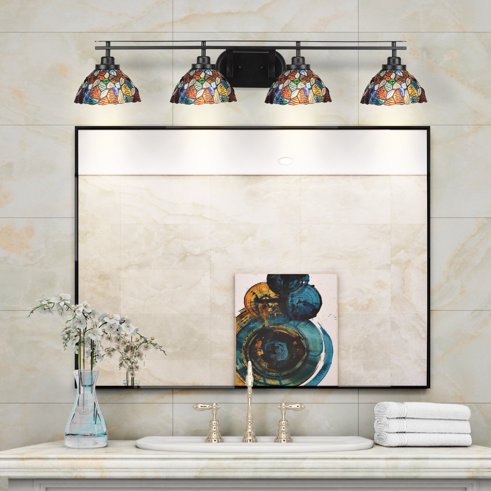 Odyssey Four Light Bath Bar in Matte Black with 7" Blue Mosaic Art Glass Shade