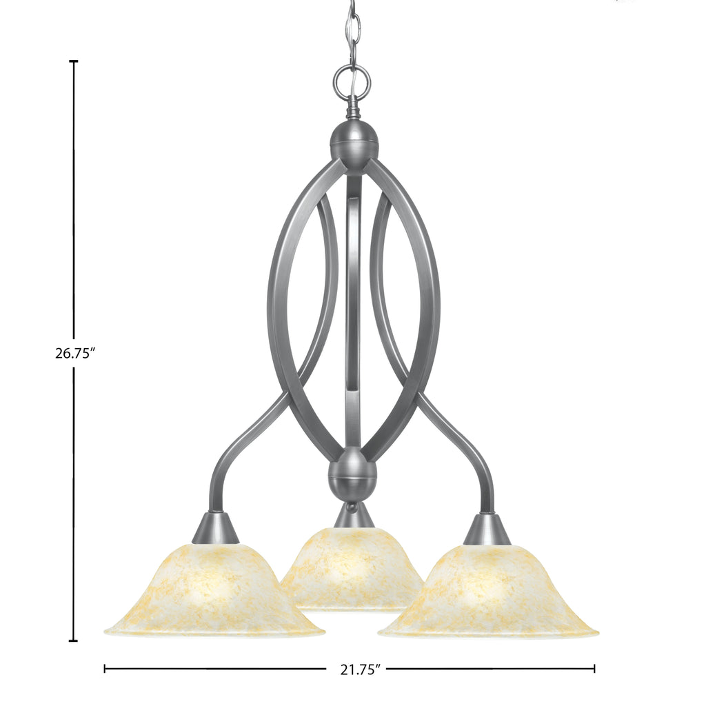Bow Three Light Chandelier in Brushed Nickel with 10" Amber Marble Shade