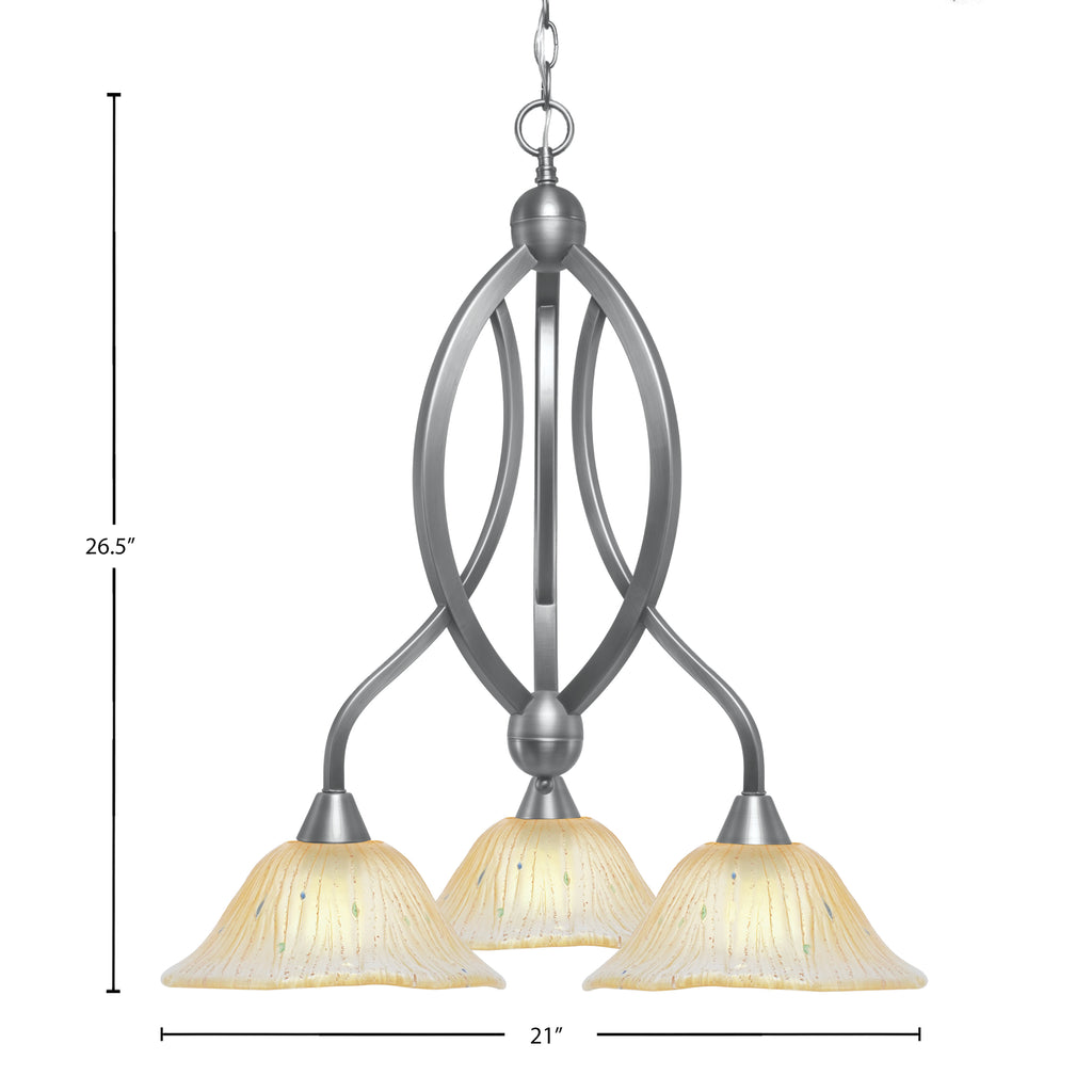 Bow Three Light Chandelier in Brushed Nickel with 10" Amber Crystal Shade