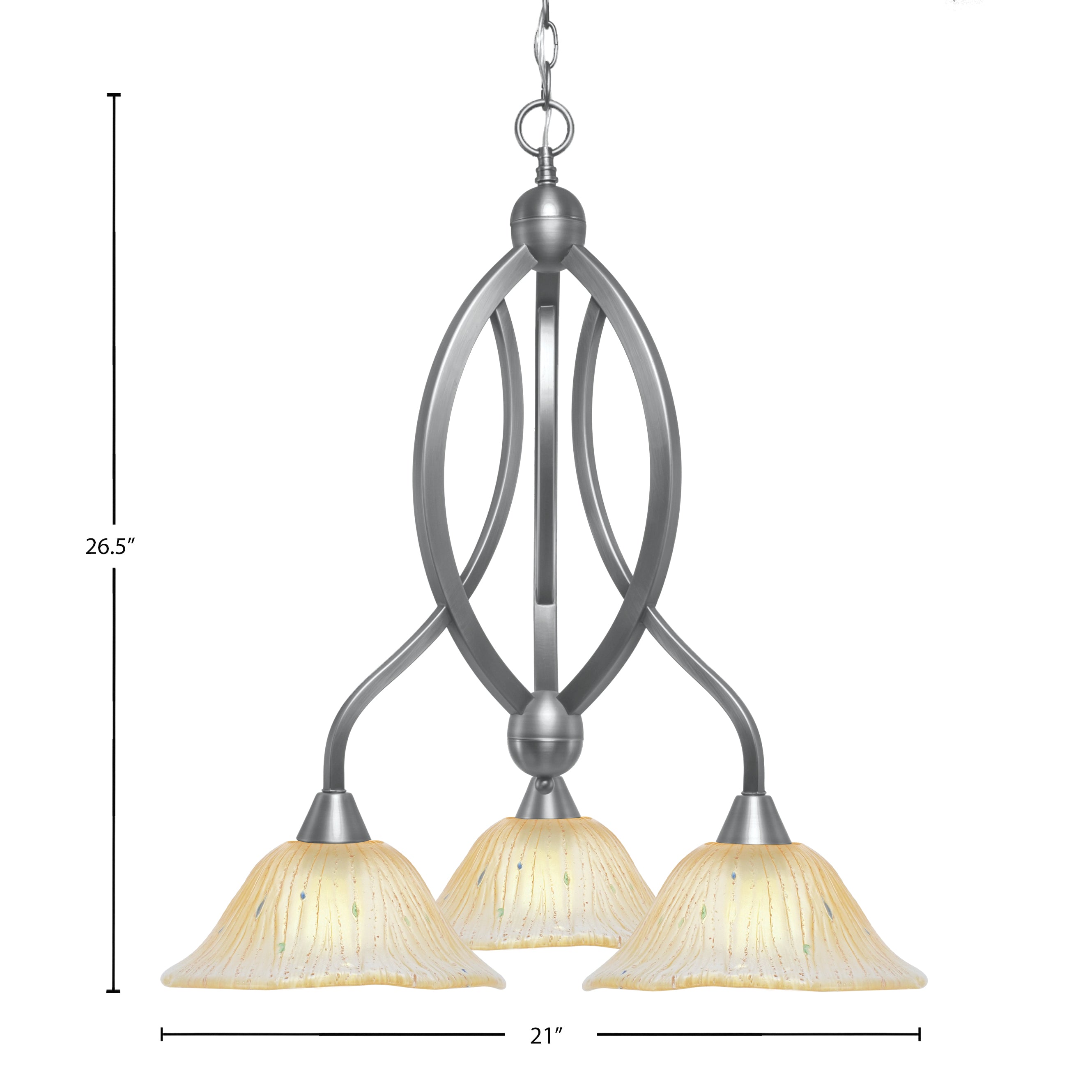 Bow Three Light Chandelier in Brushed Nickel with 10" Amber Crystal Shade