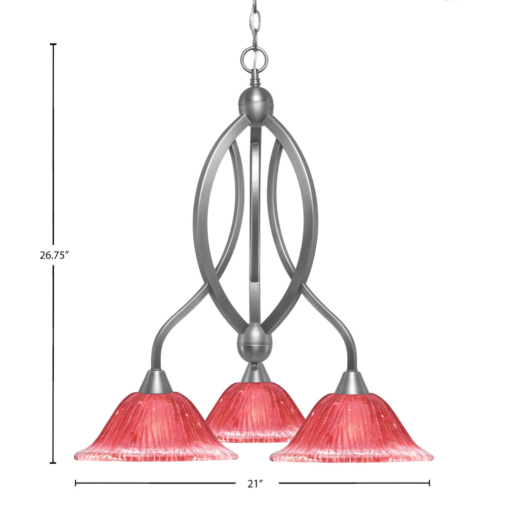 Bow Three Light Chandelier in Brushed Nickel with 10" Raspberry Crystal Shade