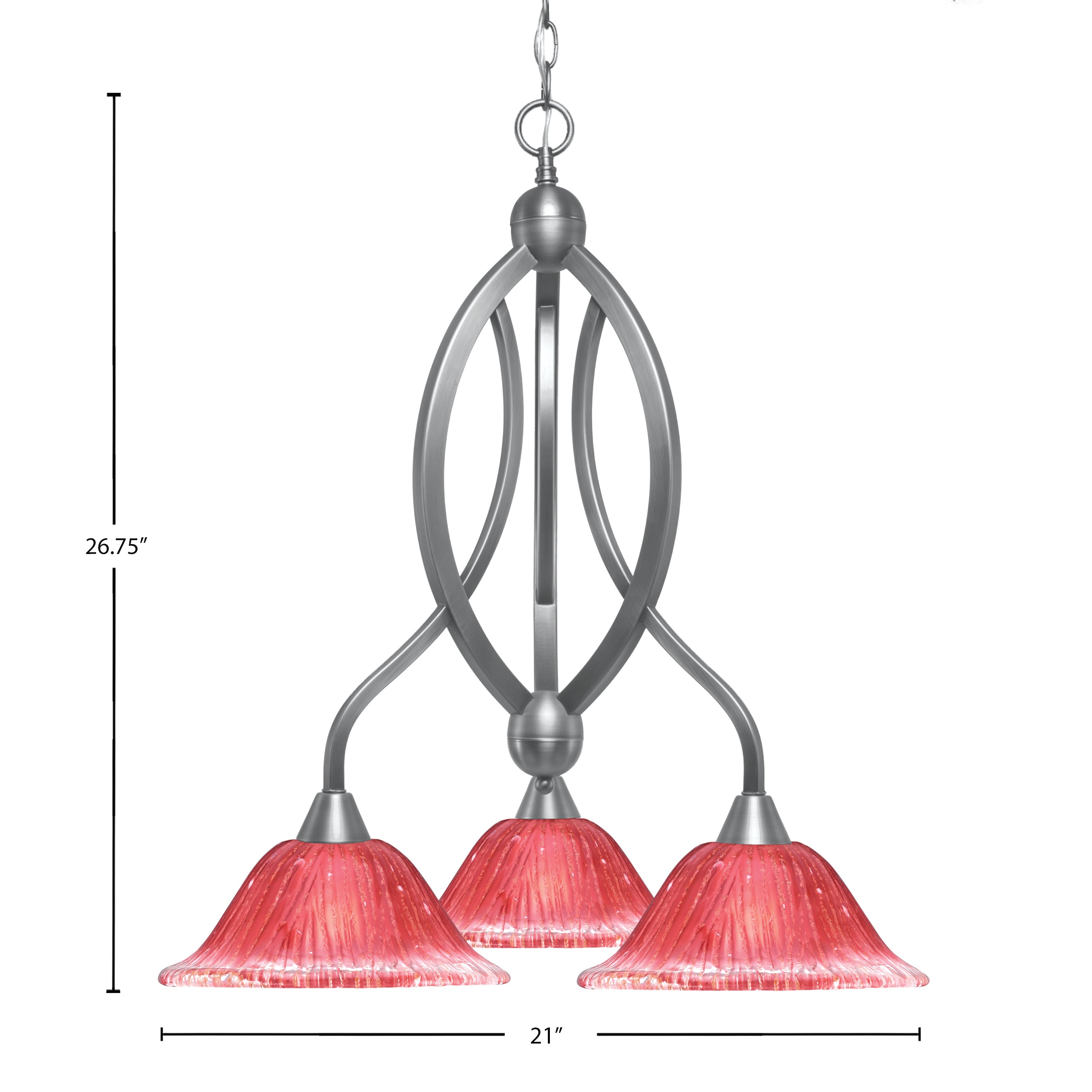 Bow Three Light Chandelier in Brushed Nickel with 10" Raspberry Crystal Shade