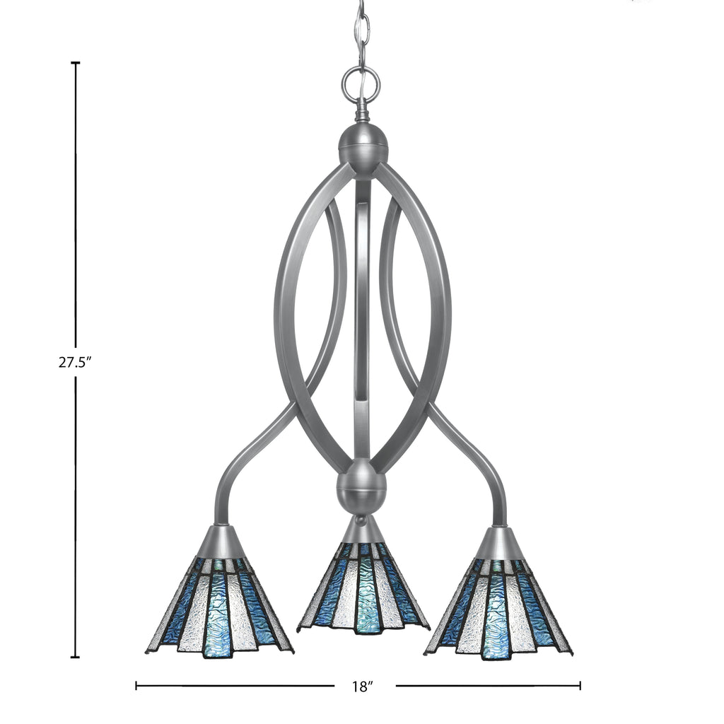 Bow Three Light Chandelier in Brushed Nickel with 7" Sea Ice Art Glass Shade