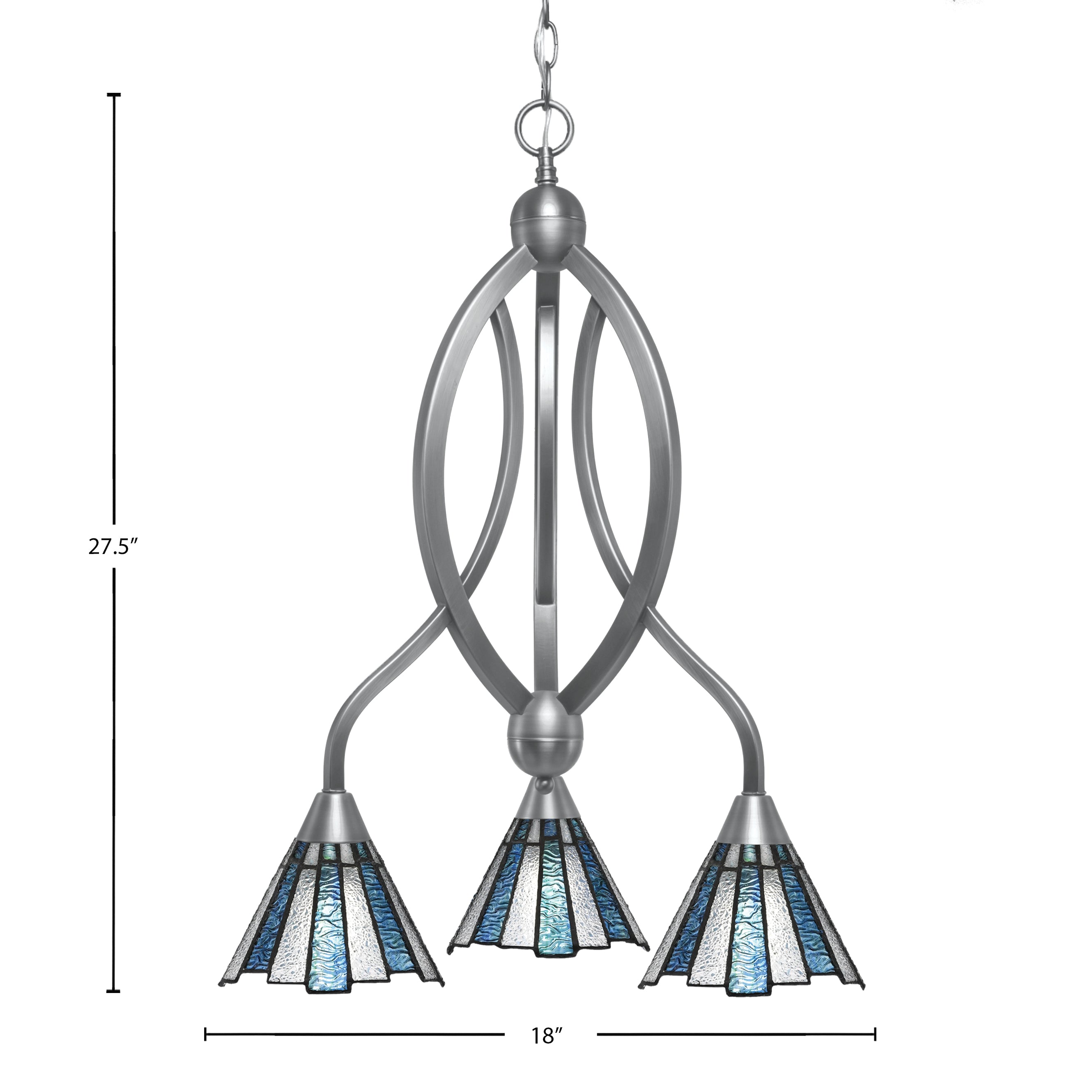 Bow Three Light Chandelier in Brushed Nickel with 7" Sea Ice Art Glass Shade