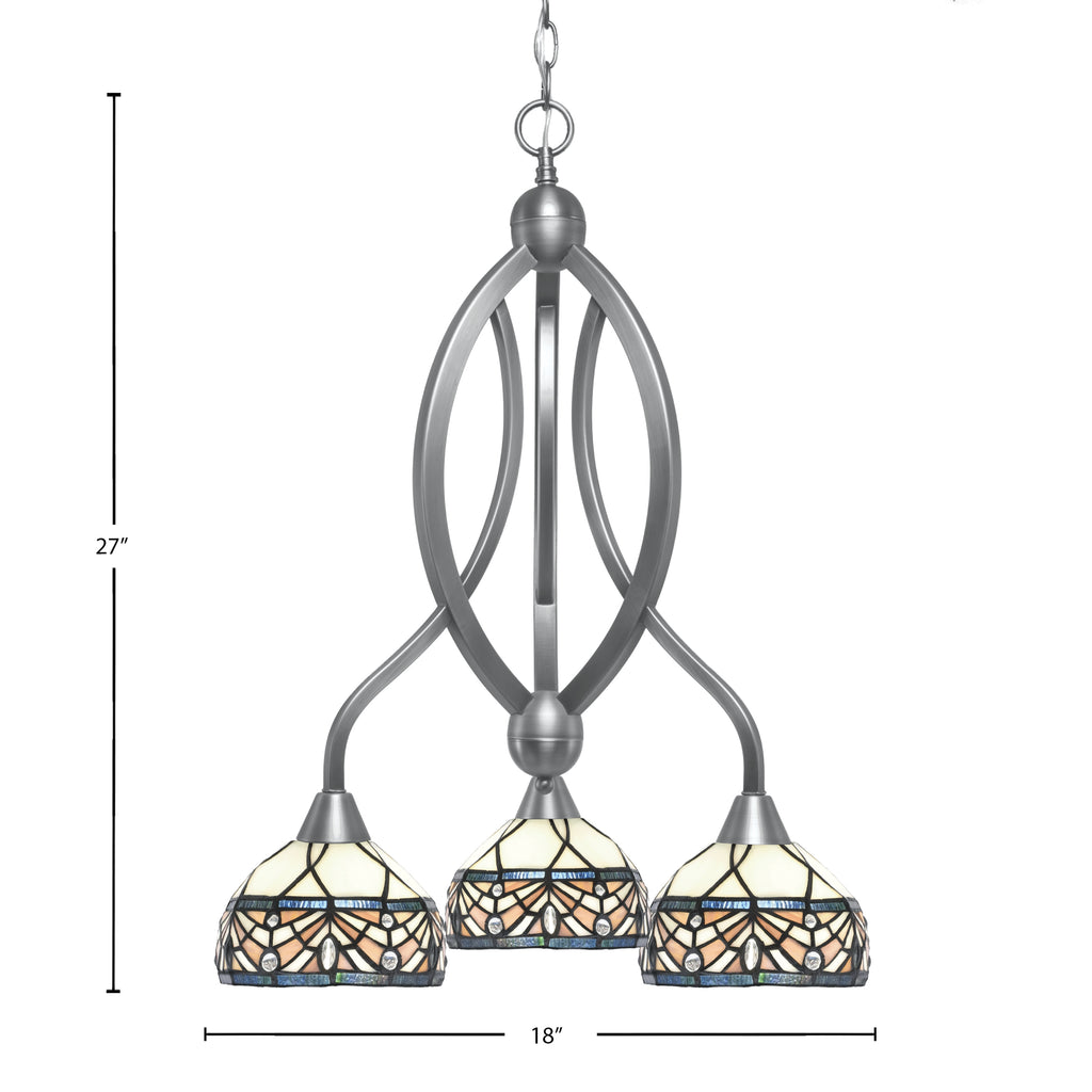 Bow Three Light Chandelier in Brushed Nickel with 7" Royal Merlot Art Glass Shade